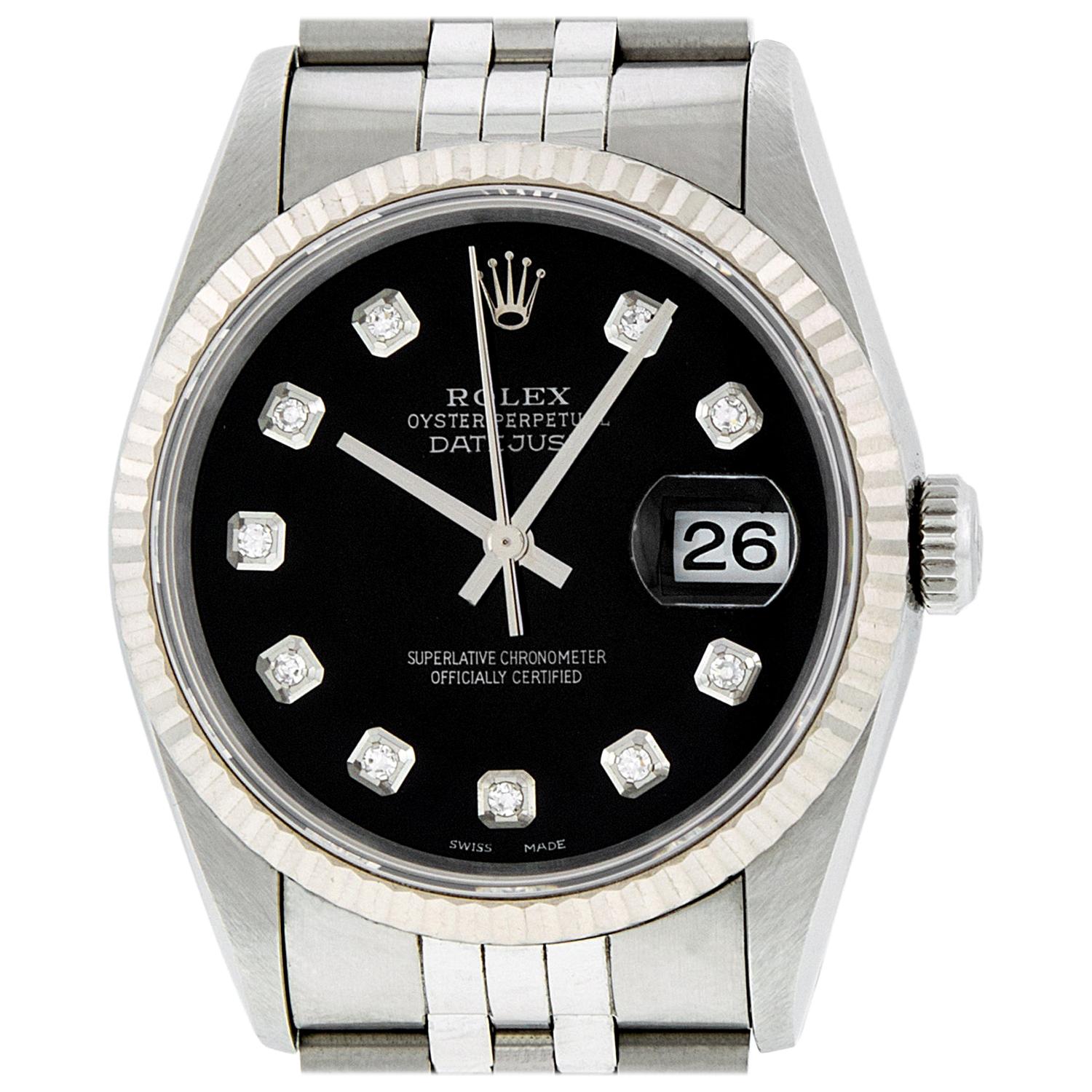 Rolex Men's Datejust 16234 Watch Steel / 18 Karat White Gold Black Diamond Dial