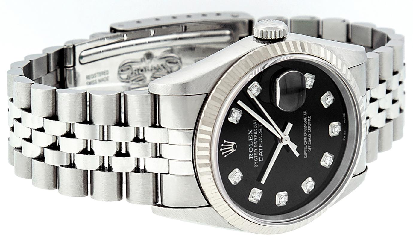 Round Cut Rolex Men's Datejust 16234 Watch Steel / 18 Karat White Gold Black Diamond Dial