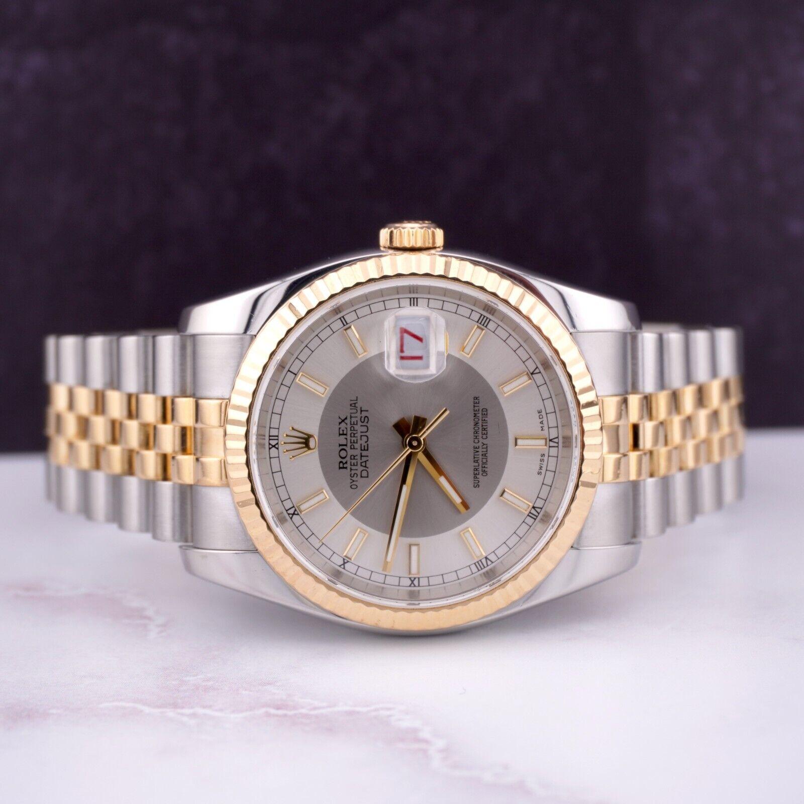 Rolex Datejust 36mm Watch. A Pre-owned watch w/ Gift Box. Watch is 100% Authentic and Comes with Authenticity Card. Watch Reference is 116233 and is in Excellent Condition (See Pictures). The dial color is Silver Tuxedo Dial. and material is