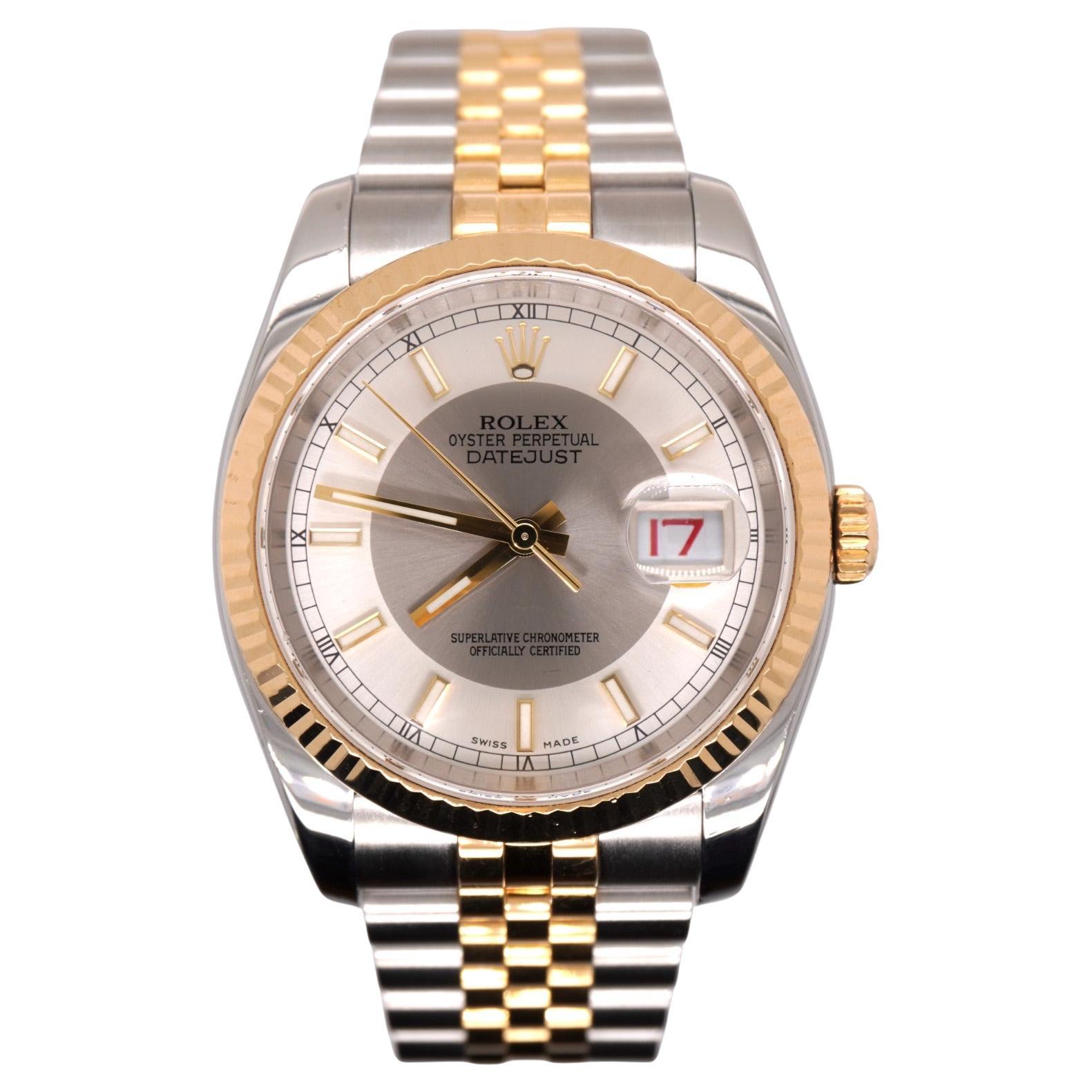 Rolex Mens Datejust 36mm 18K Gold/ Steel Watch Jubilee Fluted Tuxedo Dial 116233