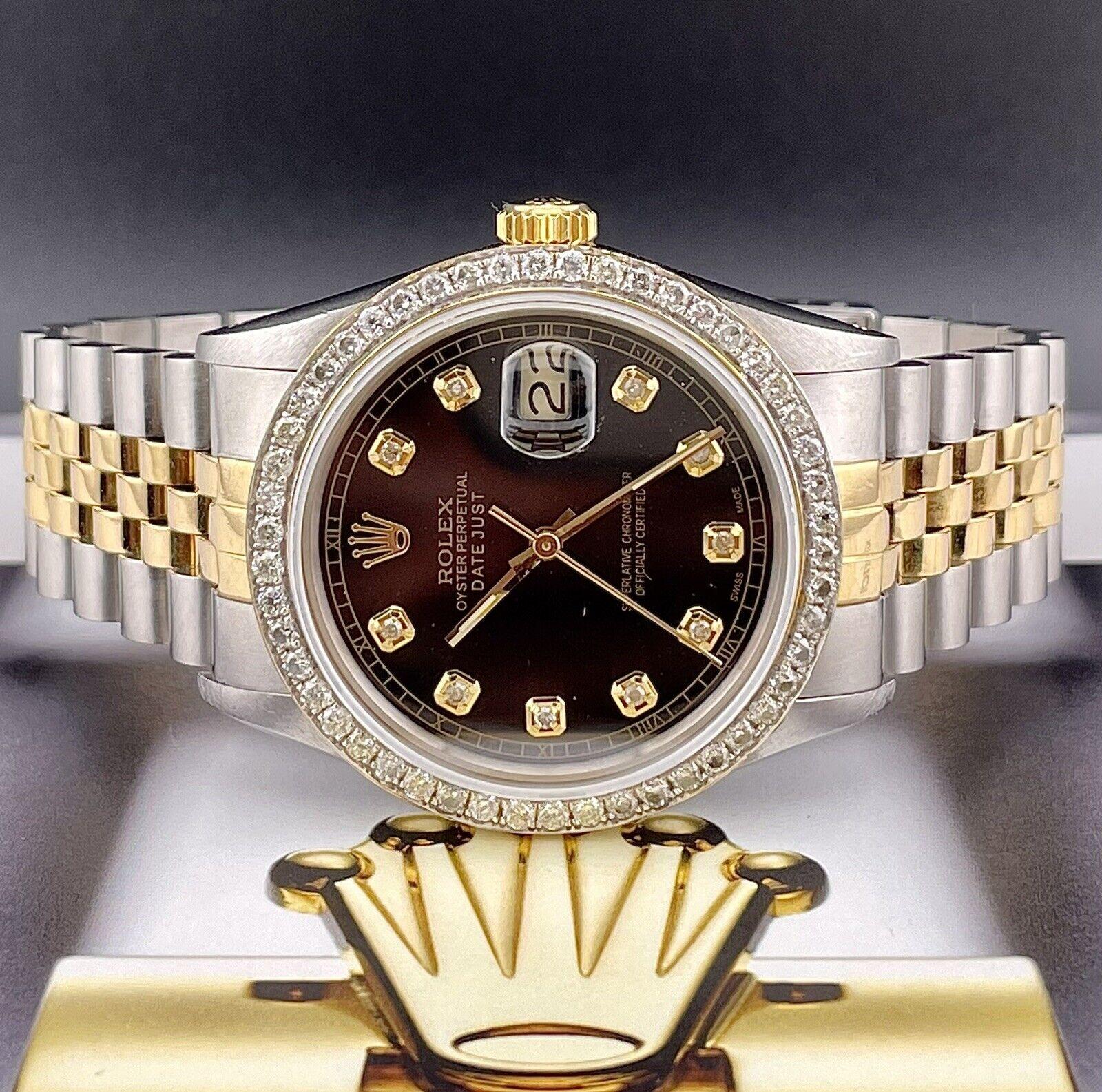 This is a Rolex Datejust 36mm with jubilee band. This watch is 2Tone, which means it's made up of both 18k Yellow Gold and Stainless Steel. We have also beautifully set 1.75ct worth of SI Diamonds on the bezel and dial. The dial is a custom, clean