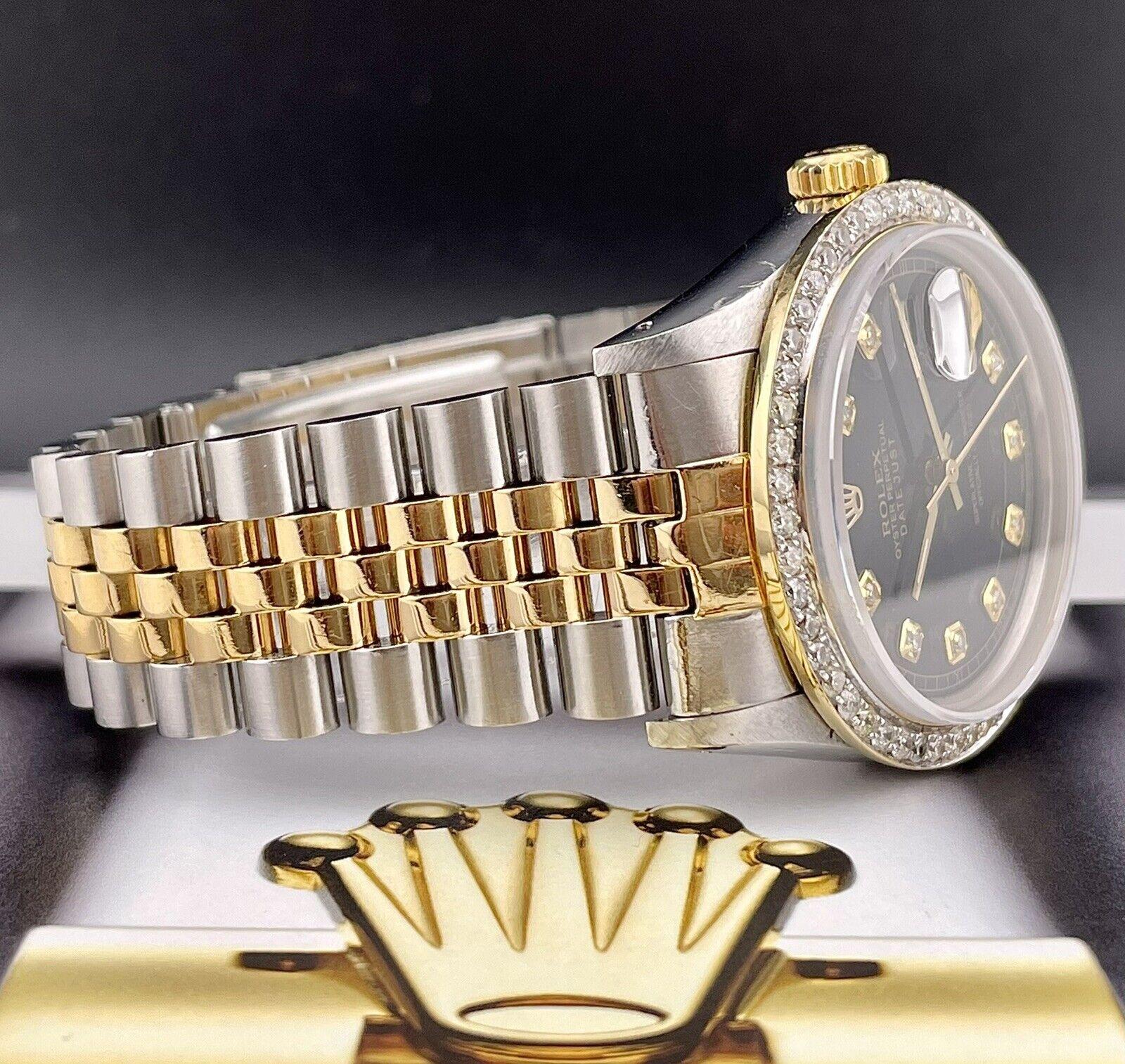 Modern Rolex Mens Datejust 36mm 18k Yellow Gold & Steel ICED 1.75ct Diamonds Black Dial For Sale
