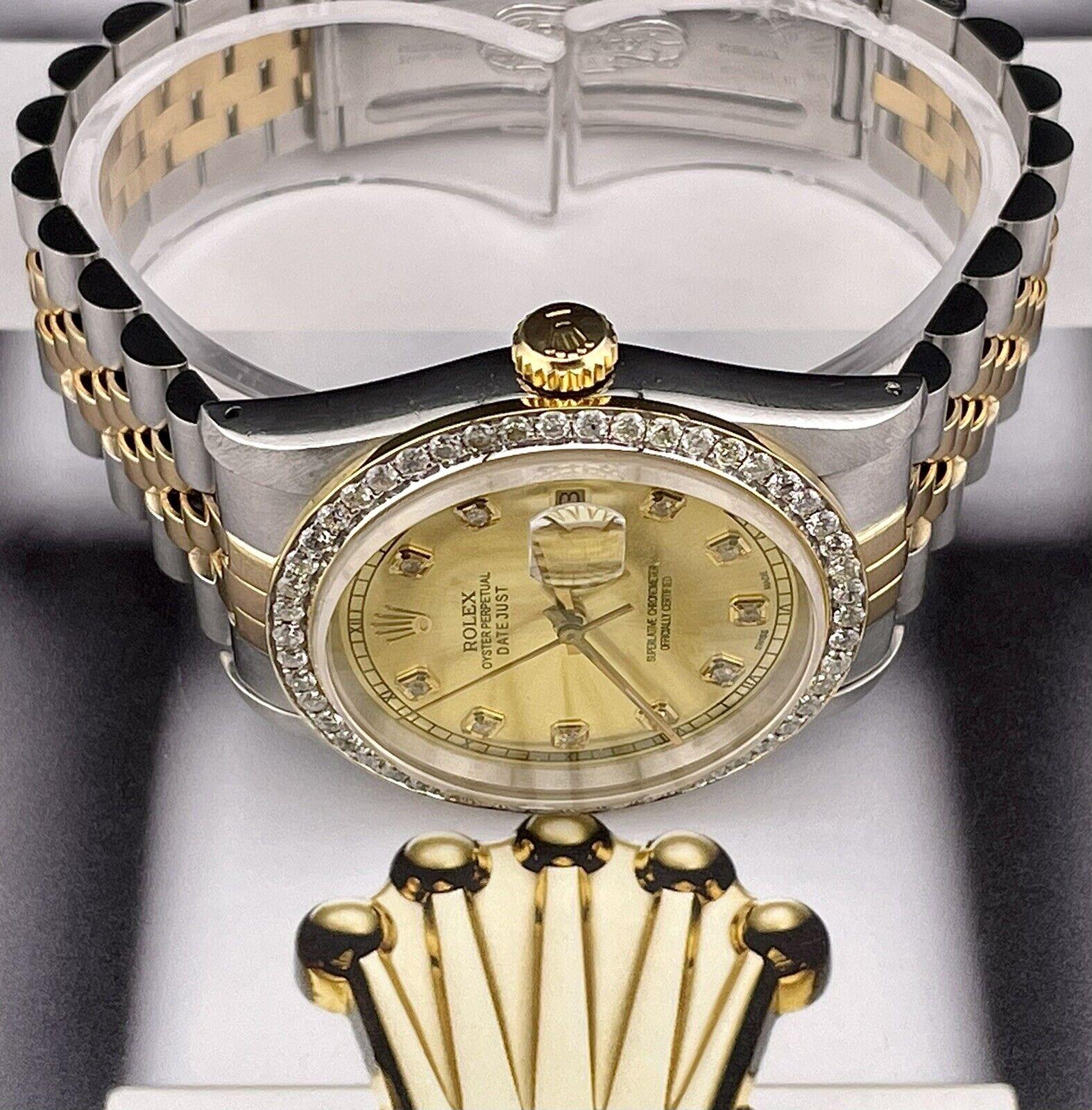 Rolex Mens Datejust 36mm 18k Yellow Gold & Steel ICED 1.75ct Diamonds Gold Dial In Excellent Condition In Pleasanton, CA