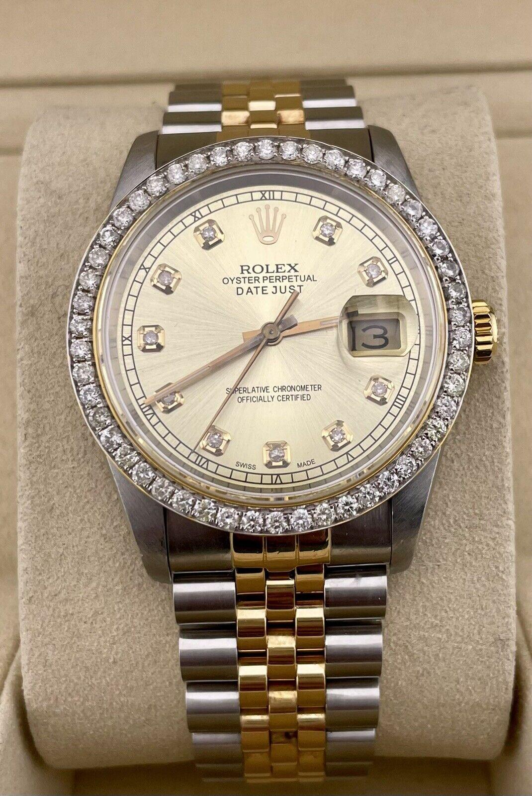 Women's or Men's Rolex Mens Datejust 36mm 18k Yellow Gold & Steel ICED 1.75ct Diamonds Gold Dial