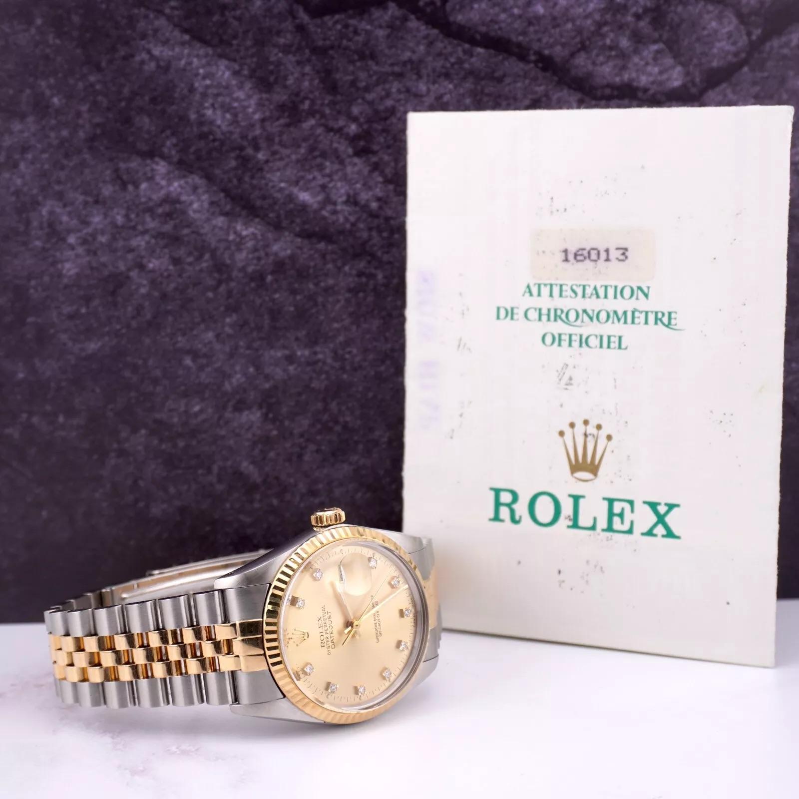 Rolex Herren Datejust 36mm 18k Gelbgold & Stahl Uhr Gold Diamant-Zifferblatt 16013 im Angebot 4