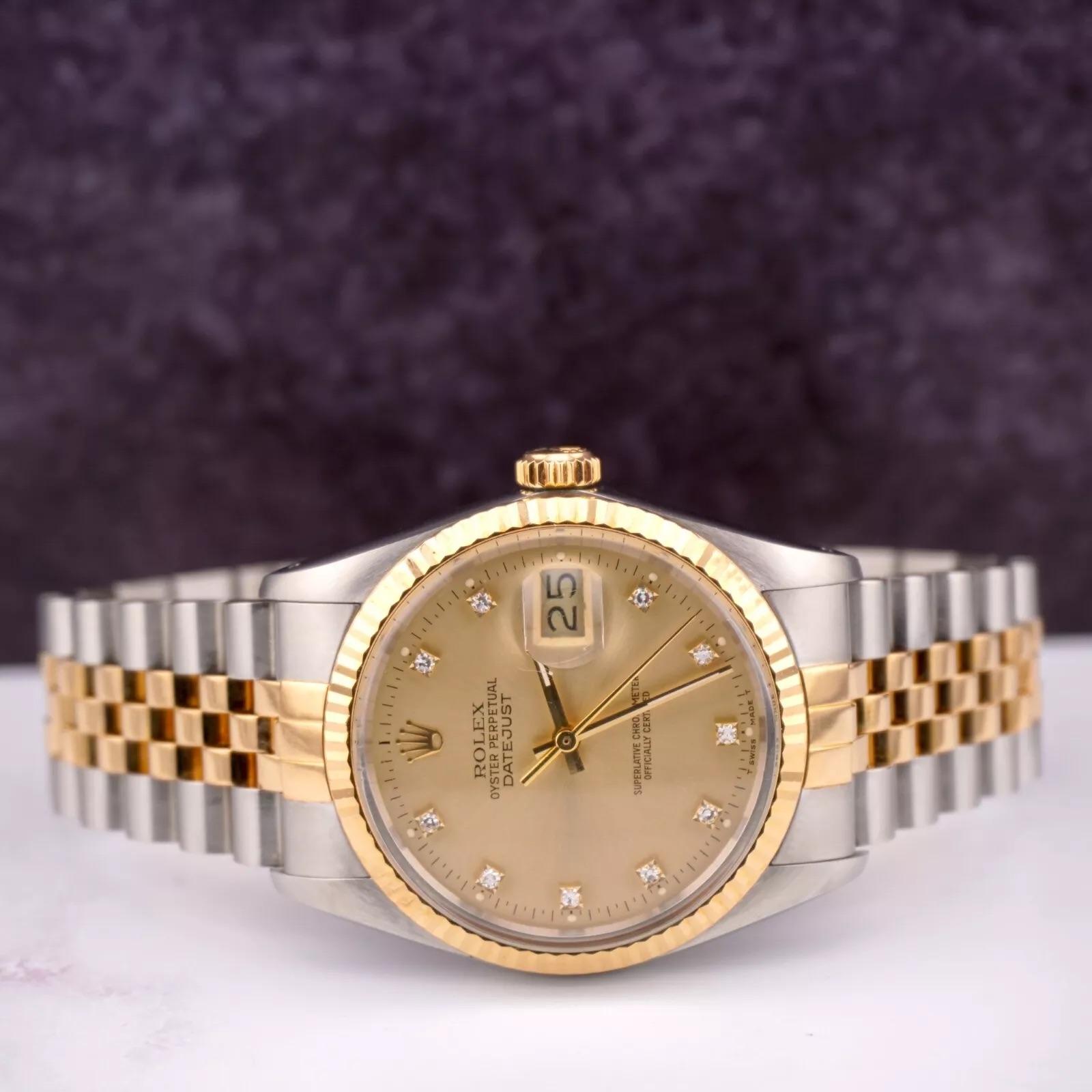 Rolex Datejust 36mm Watch

Pre-owned w/ Original Box & Card
100% Authentic Authenticity Card
Condition - (Great Condition) - See Pics
Watch Reference - 16013
Model - Datejust
Dial Color - Yellow Gold
Material - 18k Yellow Gold/Stainless Steel
Watch
