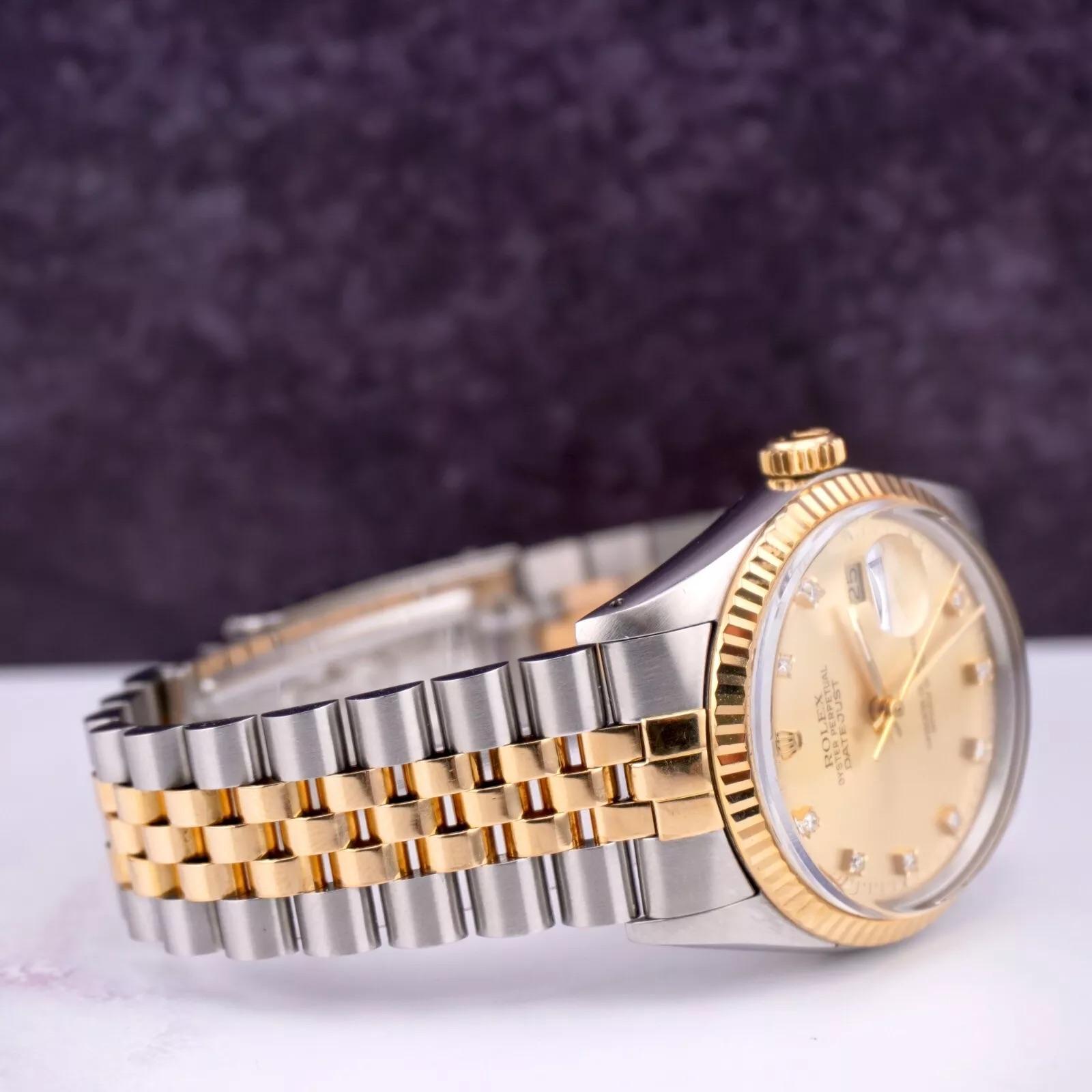 Modern Rolex Mens Datejust 36mm 18k Yellow Gold & Steel Watch Gold Diamond Dial 16013 For Sale