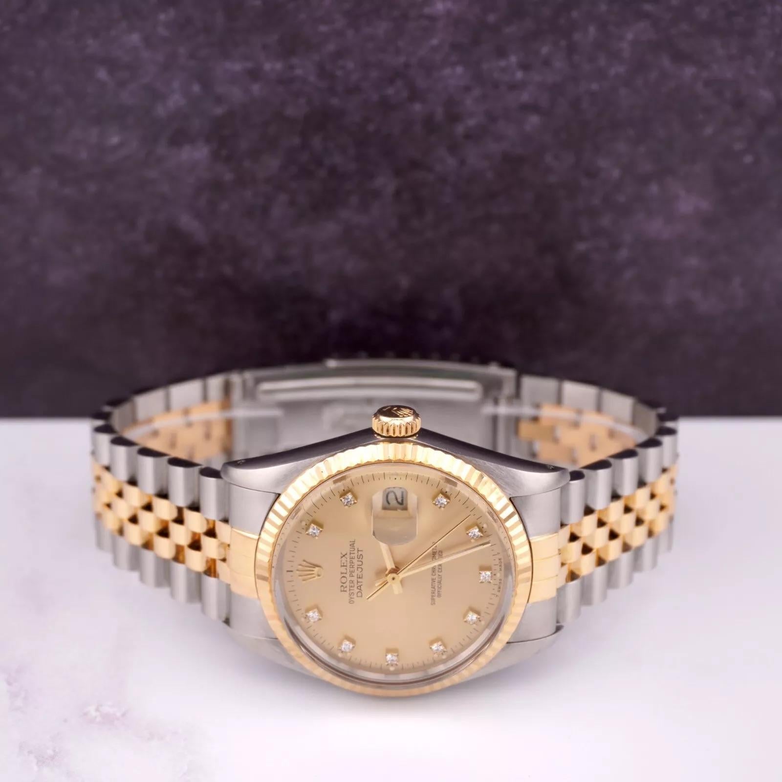 Rolex Mens Datejust 36mm 18k Yellow Gold & Steel Watch Gold Diamond Dial 16013 In Good Condition For Sale In Pleasanton, CA