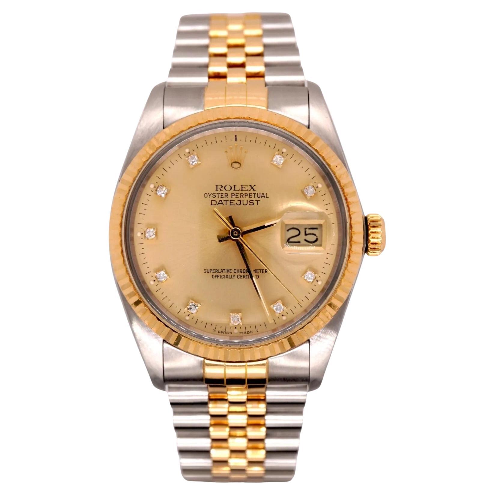 Rolex Mens Datejust 36mm 18k Yellow Gold & Steel Watch Gold Diamond Dial 16013 For Sale