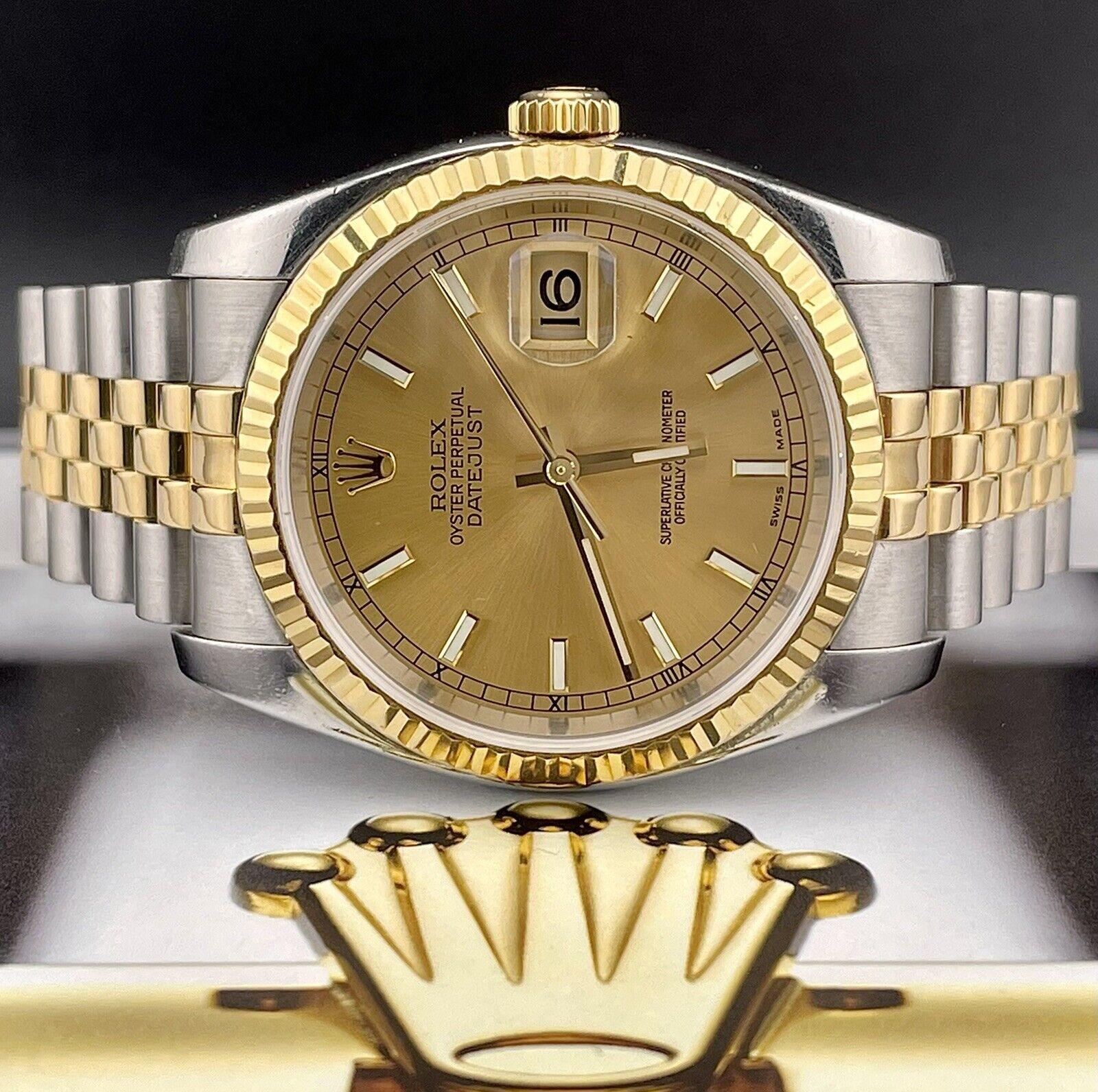 Rolex Datejust 36mm Watch. A Pre-owned watch w/ Gift Box. Watch is 100% Authentic and Comes with
Authenticity Card. Watch Reference is 116233 and is in Excellent Condition (See Pictures). The dial color is
Gold and material is Stainless steel and