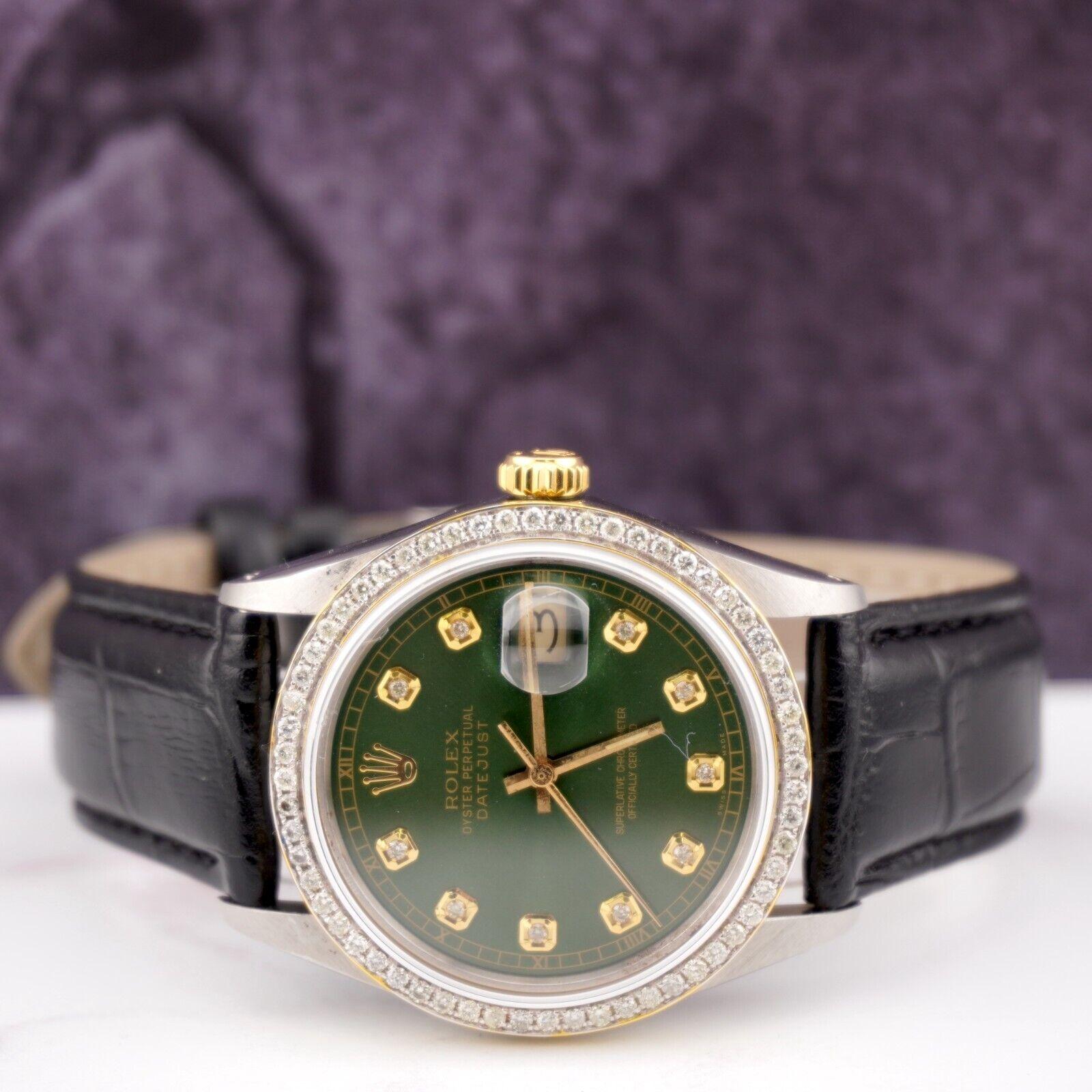 Rolex Datejust 36mm Watch. A Pre-owned watch w/ Gift Box. Watch is 100% Authentic and Comes with Authenticity Card. Watch Reference is 16013 and is in Excellent Condition (See Pictures). The dial color is Green (Have More Colors) and material is 18k