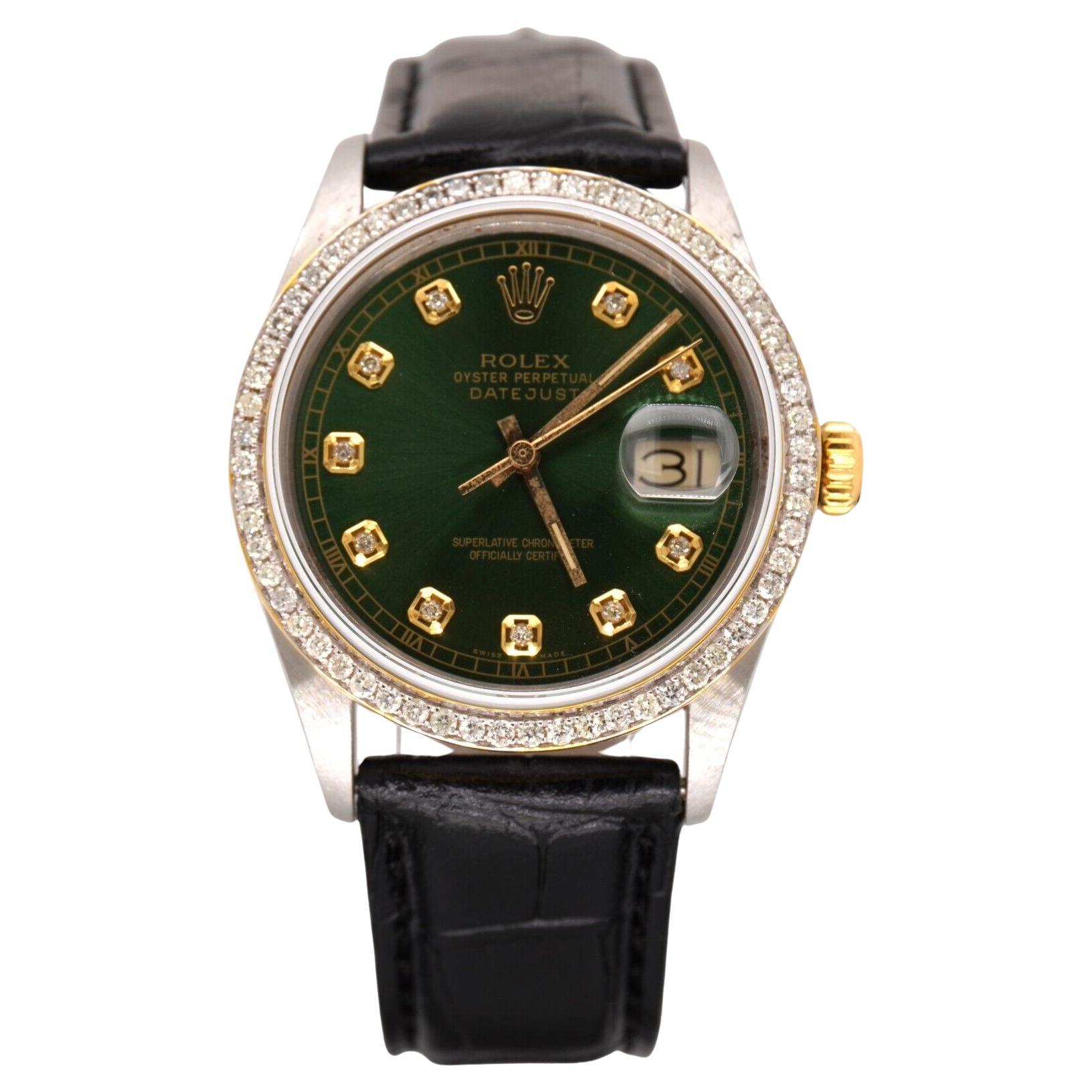 Rolex Mens Datejust 36mm Gold/Steel ICED 1.75ct Diamond Green Dial Watch Leather