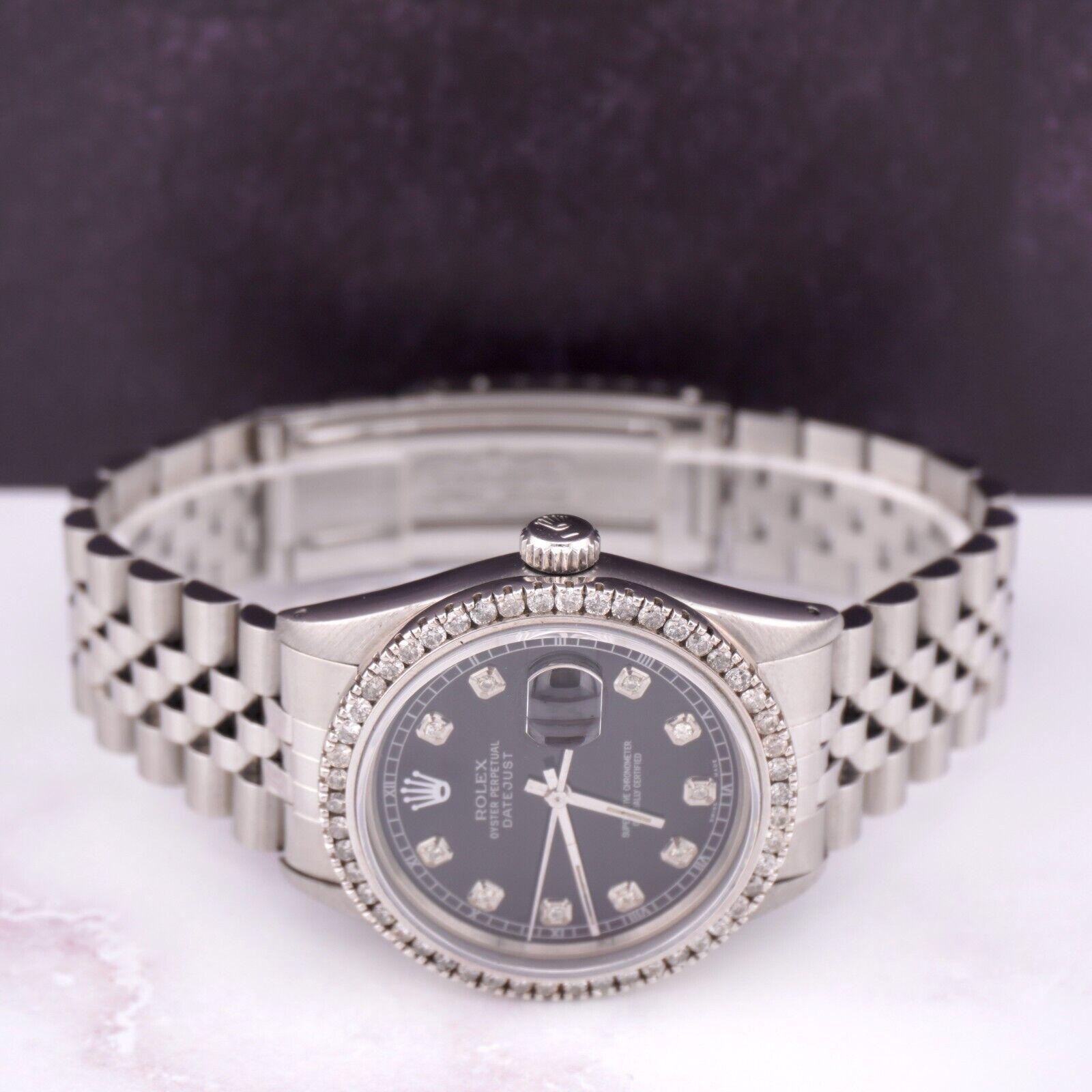 Rolex Men's Datejust 36mm Jubilee Steel Watch ICED 2.50ct Diamonds Black Dial In Good Condition For Sale In Pleasanton, CA