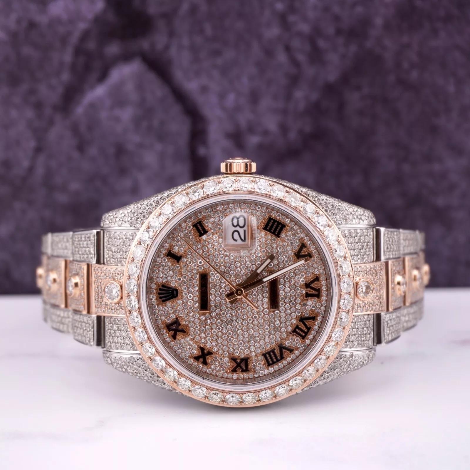 Modern Rolex Mens Datejust 41 18K Rose Gold & Steel ICED 20ct Roman Dial Watch 126331 For Sale