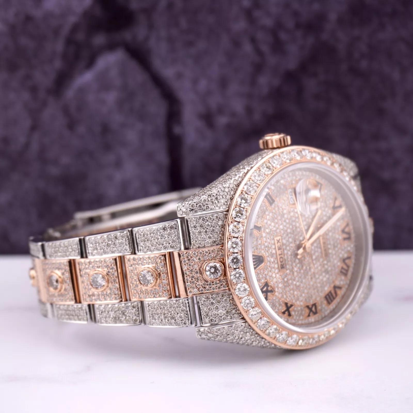 Rolex Mens Datejust 41 18K Rose Gold & Steel ICED 20ct Roman Dial Watch 126331 In Excellent Condition For Sale In Pleasanton, CA