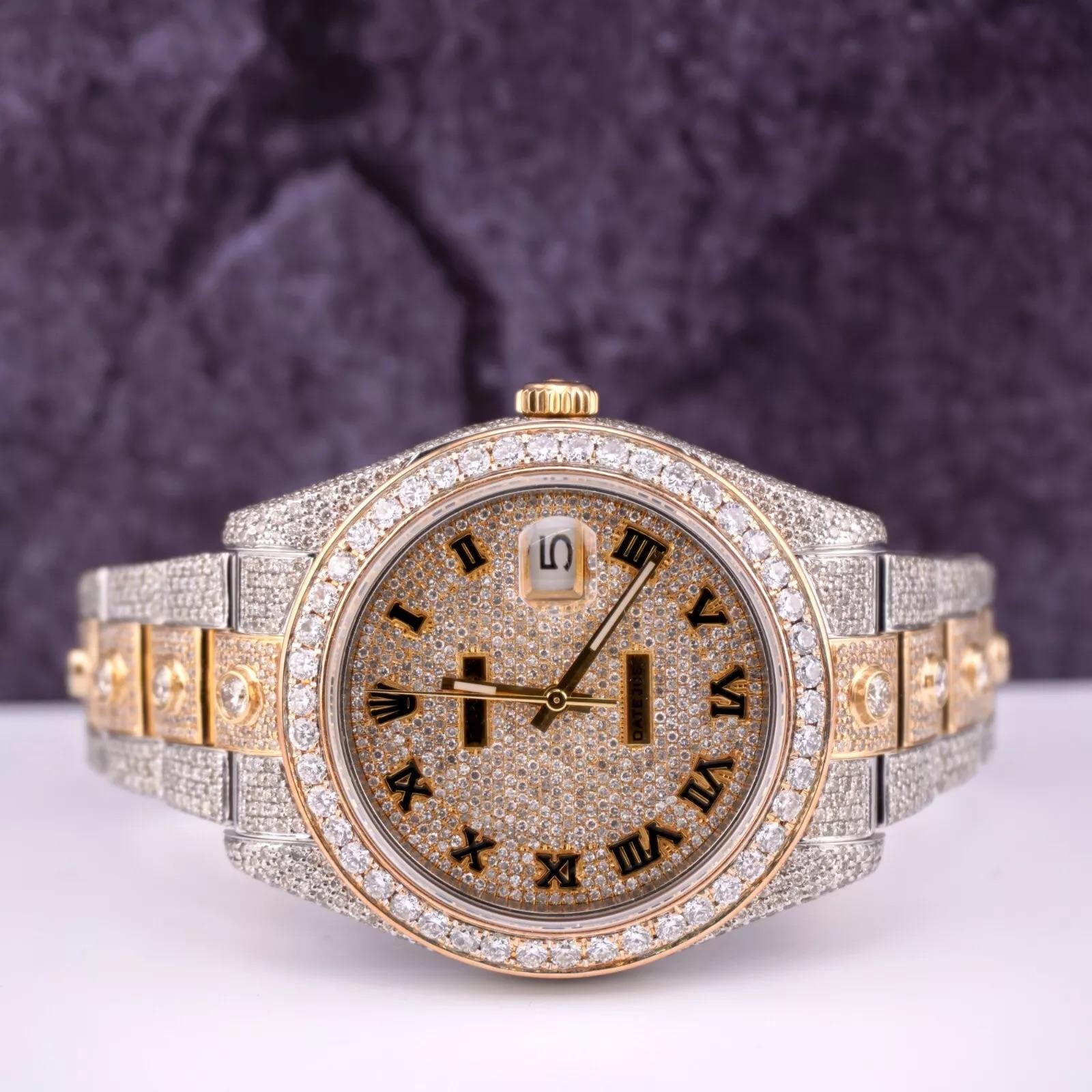 Montre Rolex Datejust 41mm personnalisée avec 22.00 carats de diamants véritables ! L'ensemble de la montre est d'origine, seuls la lunette et le cadran en diamants ont été ajoutés. L'ensemble de la lunette, du cadran, du boîtier et du bracelet a
