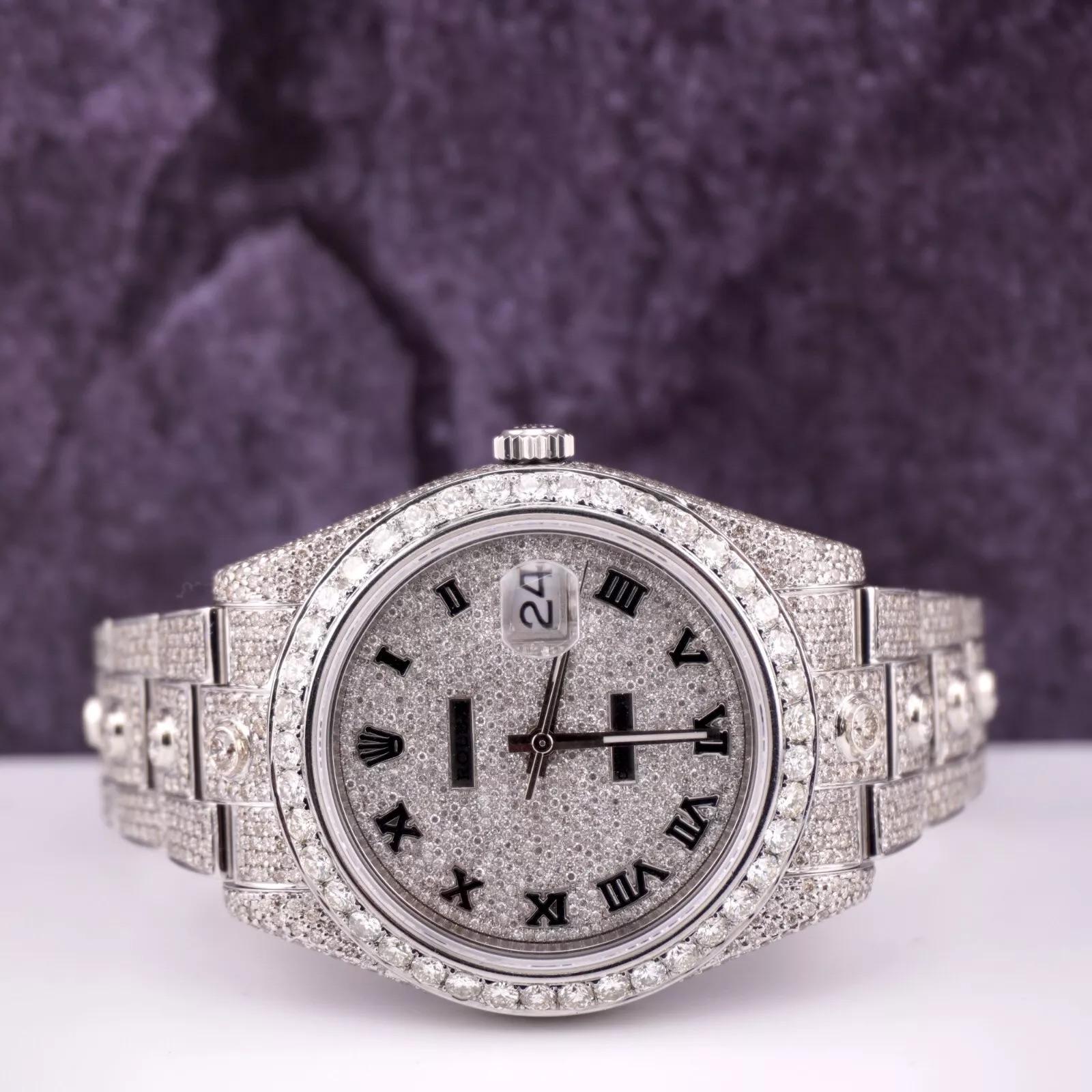Montre Rolex Datejust 41mm personnalisée avec 18.00 carats de diamants véritables ! L'ensemble de la montre est d'origine, seuls la lunette et le cadran en diamants ont été ajoutés. L'ensemble de la lunette, du cadran, du boîtier et du bracelet a