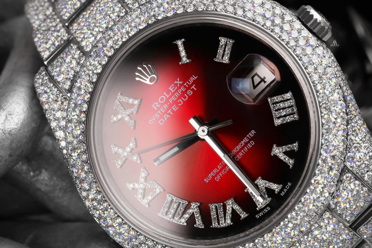 Rolex Mens Datejust II 41mm Stainless Steel Red Vignette Roman Diamond Dial Custom Fully Iced Out Watch 116300 

All our watches come with a standard 1 year mechanical warranty and LIFETIME diamond replacement warranty. We are so confident in our