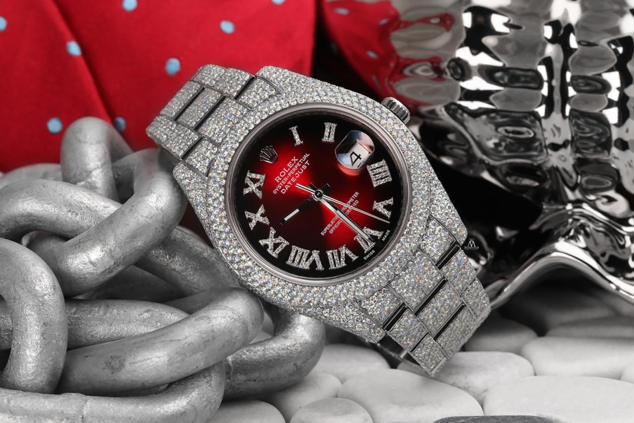 Taille ronde Rolex Montre Datejust pour hommes avec cadran en acier inoxydable rouge et diamants romains de 41 mm 116300 en vente