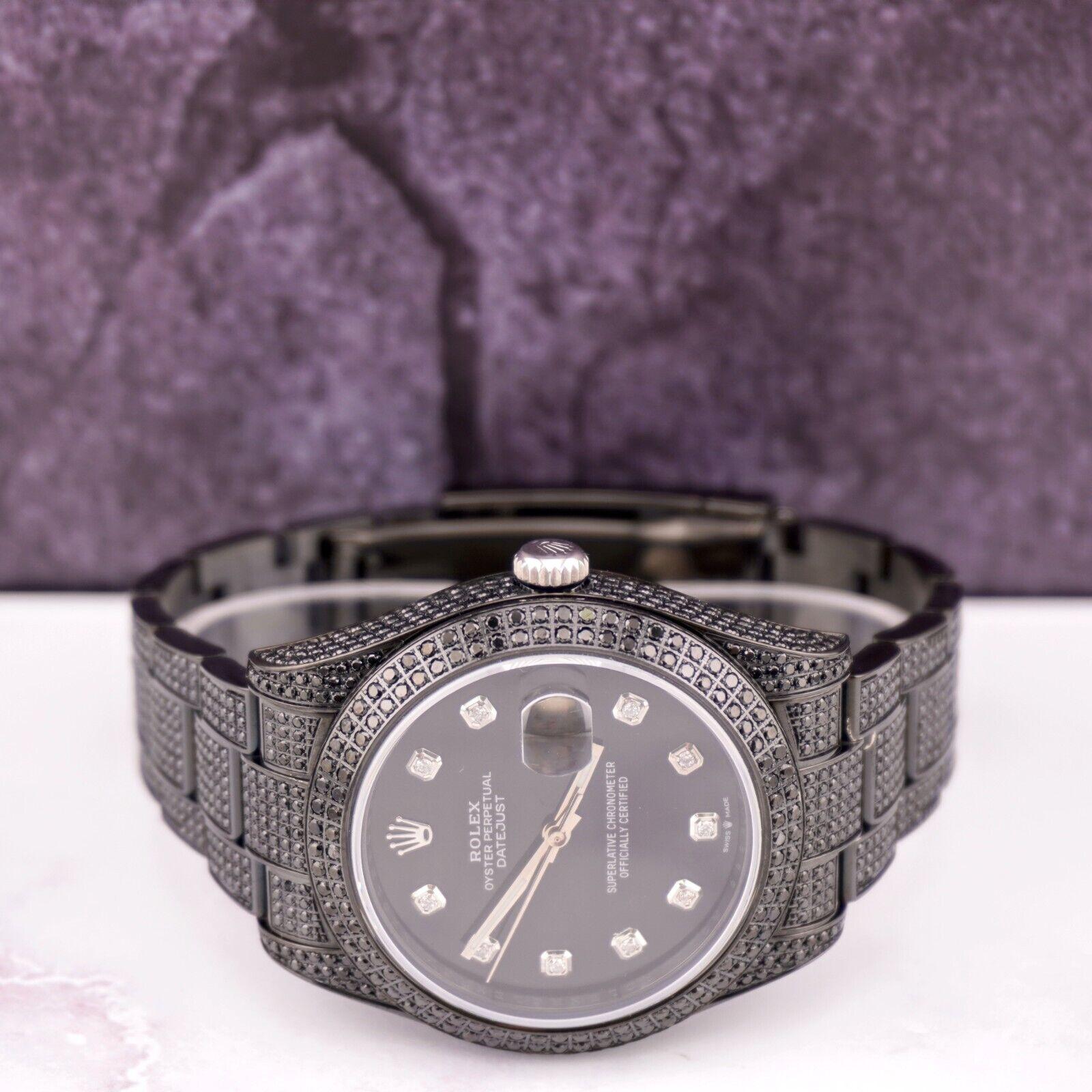 Modern Rolex Men's Datejust 41mm Black Iced Out 10ct Diamonds Oyster Steel Watch 116300 For Sale