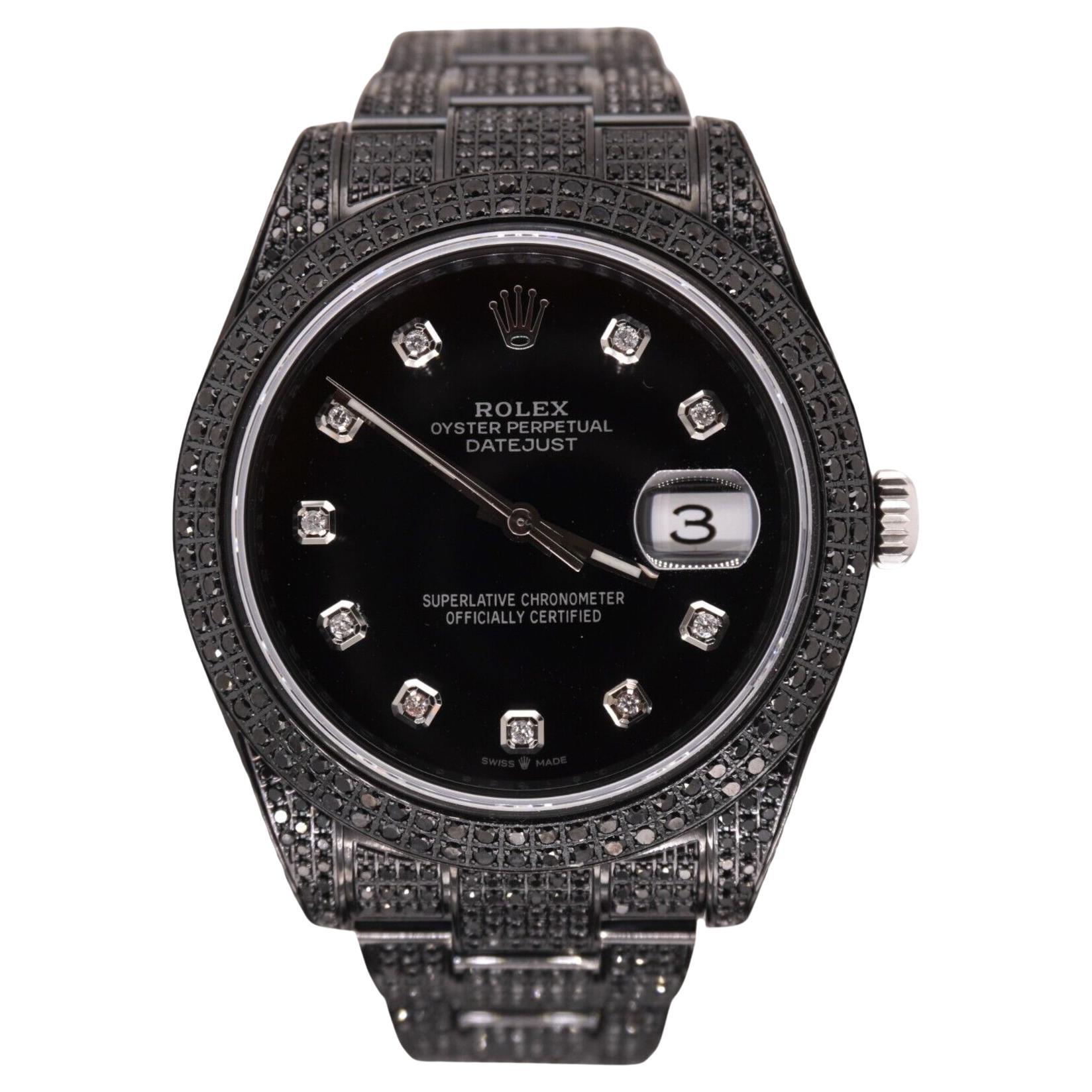 Rolex Men's Datejust 41mm Black Iced Out 10ct Diamonds Oyster Steel Watch 116300 For Sale
