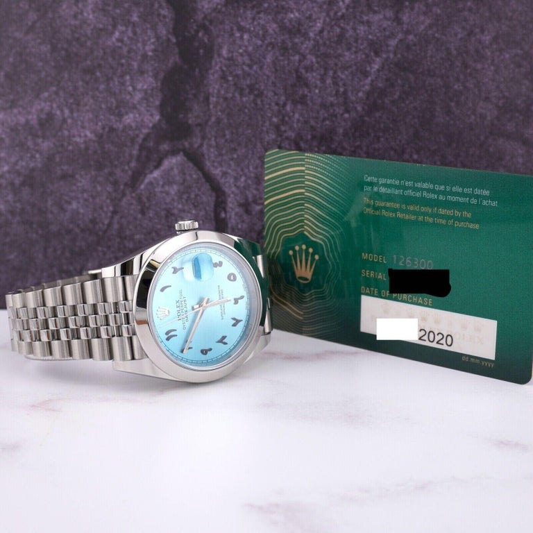 Rolex Mens Datejust 41mm Ice Blue Arabic Dial Jubilee Steel Watch