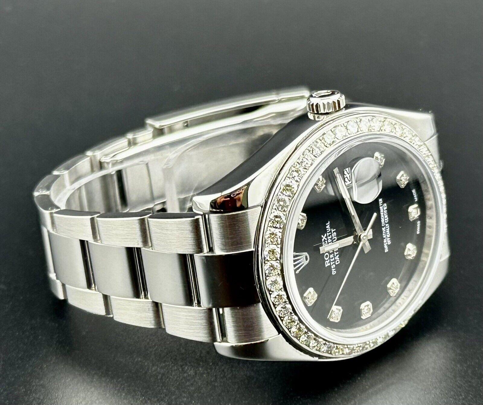 Modern Rolex Mens Datejust 41mm Oyster Steel Watch ICED 2.0ct Diamond Black Dial 116300 For Sale