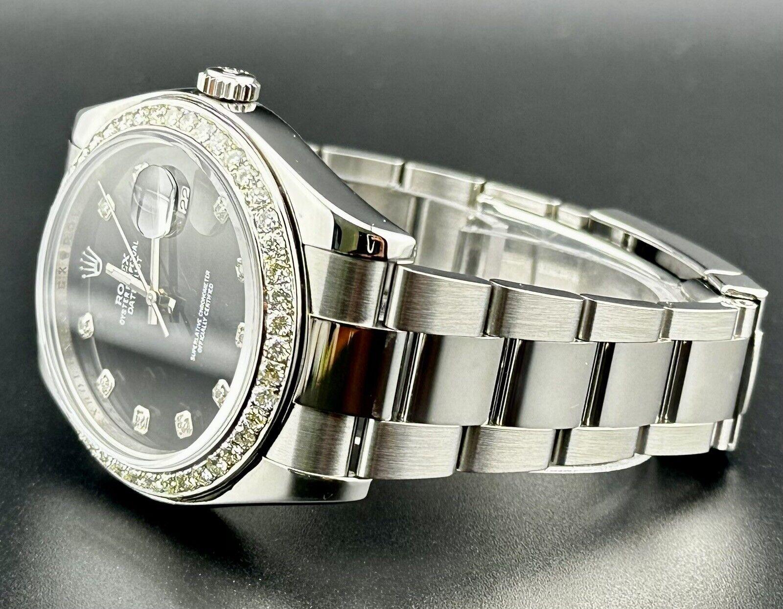 Round Cut Rolex Mens Datejust 41mm Oyster Steel Watch ICED 2.0ct Diamond Black Dial 116300 For Sale
