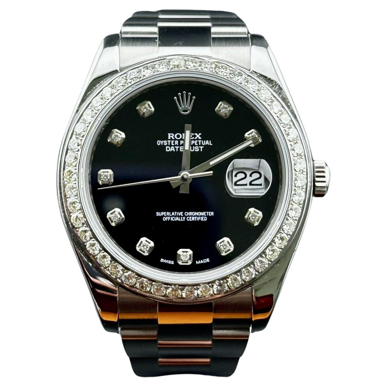 Rolex Mens Datejust 41mm Oyster Steel Watch ICED 2.0ct Diamond Black Dial 116300 For Sale
