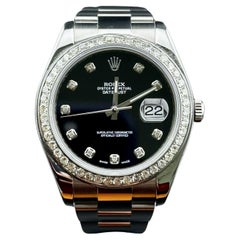 Retro Rolex Mens Datejust 41mm Oyster Steel Watch ICED 2.0ct Diamond Black Dial 116300