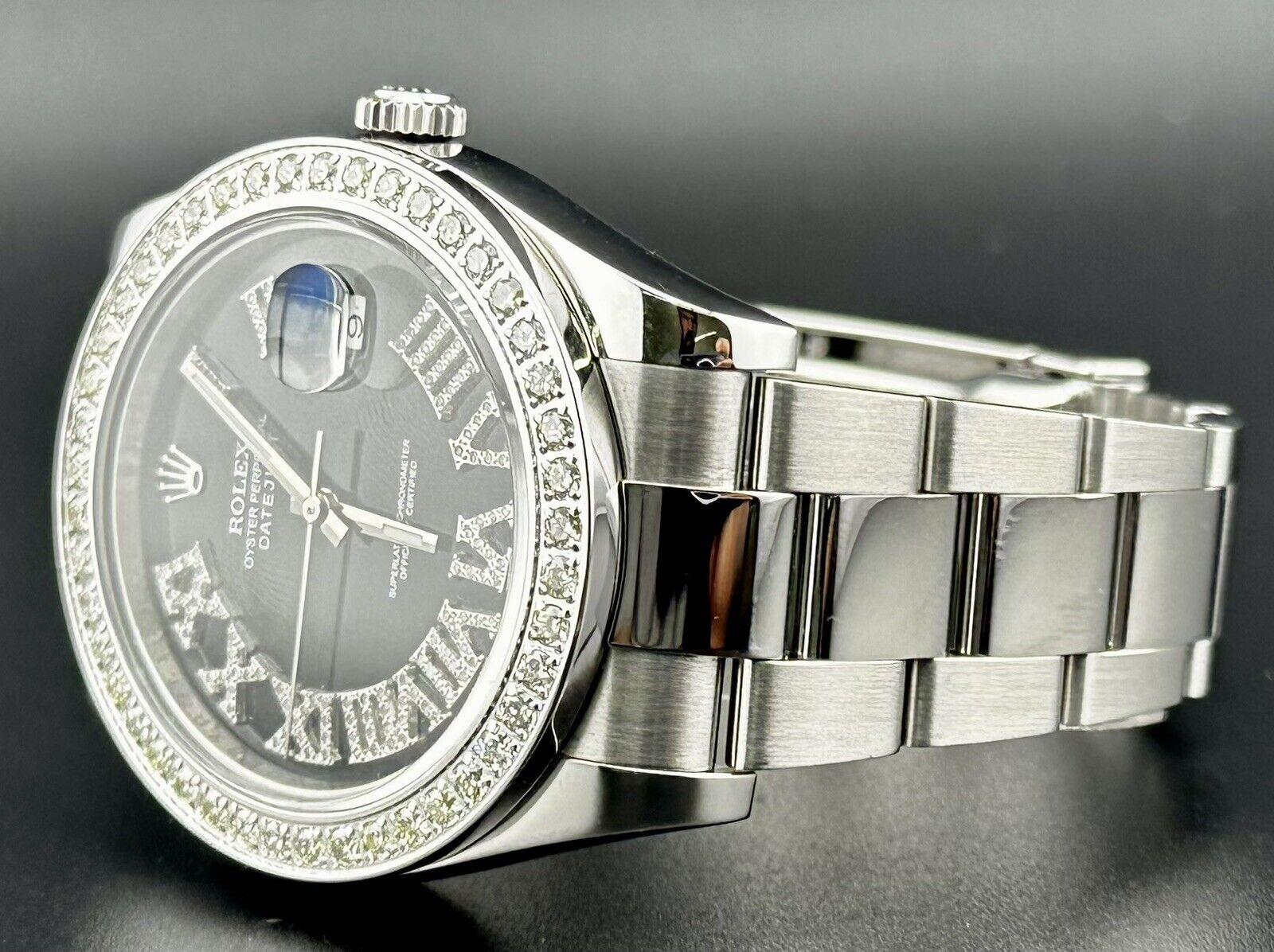 Rolex Montre Datejust 41mm Oyster Steel Watch ICED 2,0ct Roman Black Dial 116300 Excellent état - En vente à Pleasanton, CA
