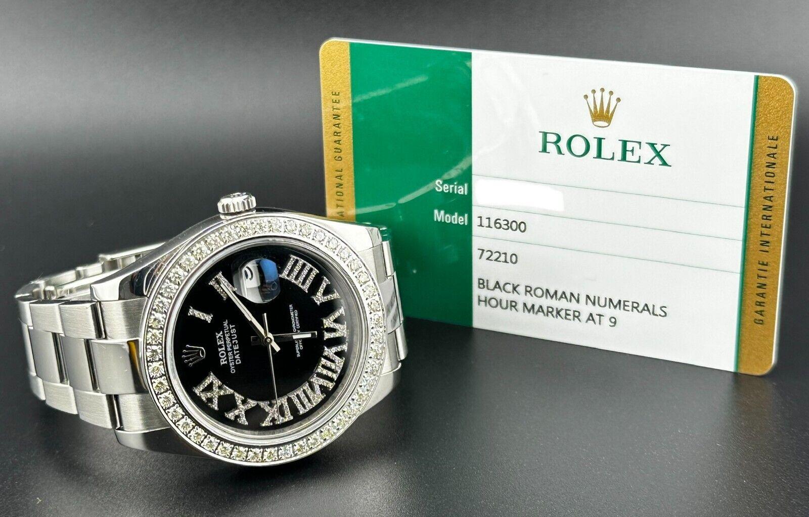 Rolex Mens Datejust 41mm Oyster Steel Watch ICED 2.0ct Roman Black Dial 116300 For Sale 1