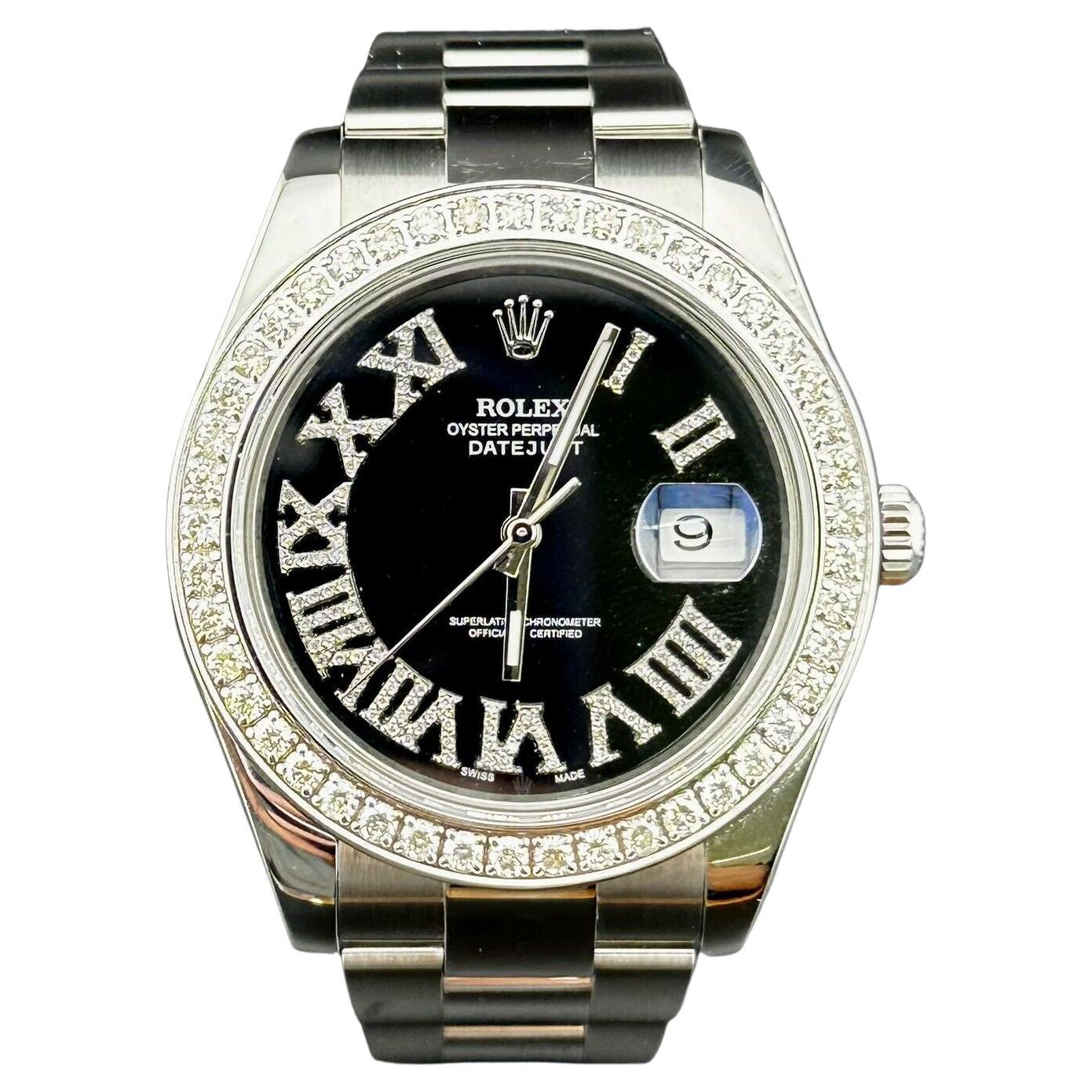 Rolex Montre Datejust 41mm Oyster Steel Watch ICED 2,0ct Roman Black Dial 116300 en vente