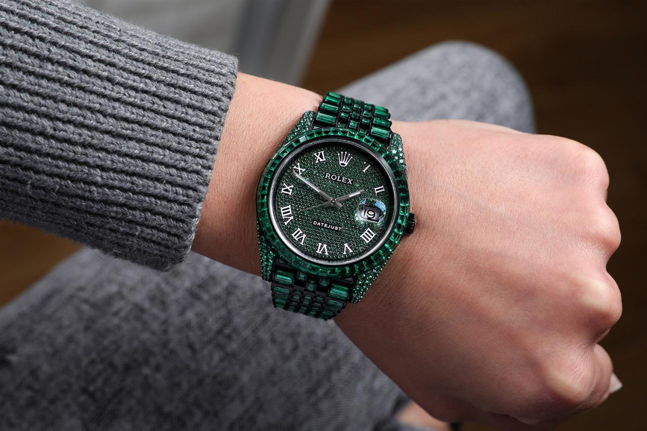 Rolex Datejust Roman Numerals Custom Black PVD with Green Emeralds Unique Piece In Excellent Condition In New York, NY