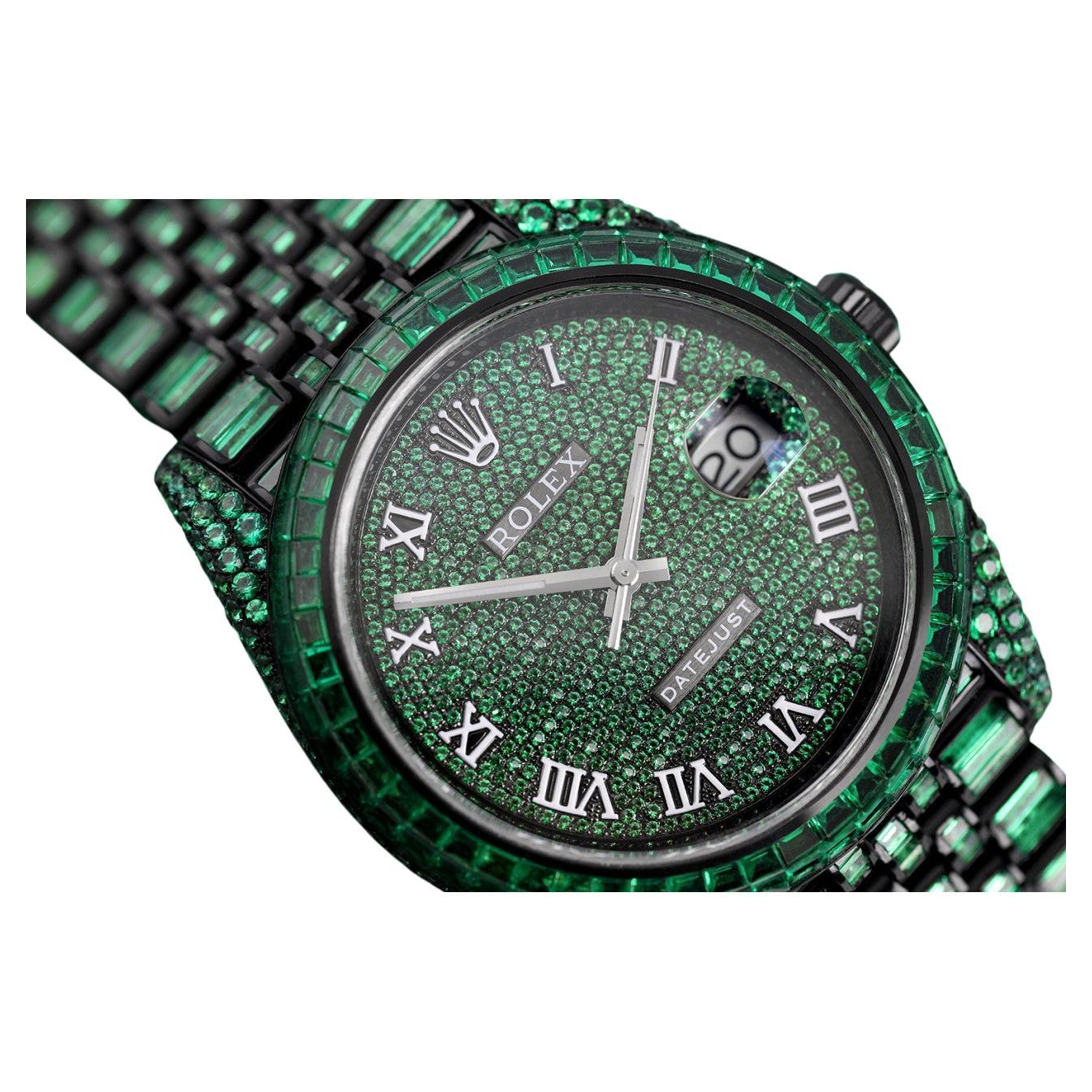 Rolex Datejust Roman Numerals Custom Black PVD with Green Emeralds Unique Piece