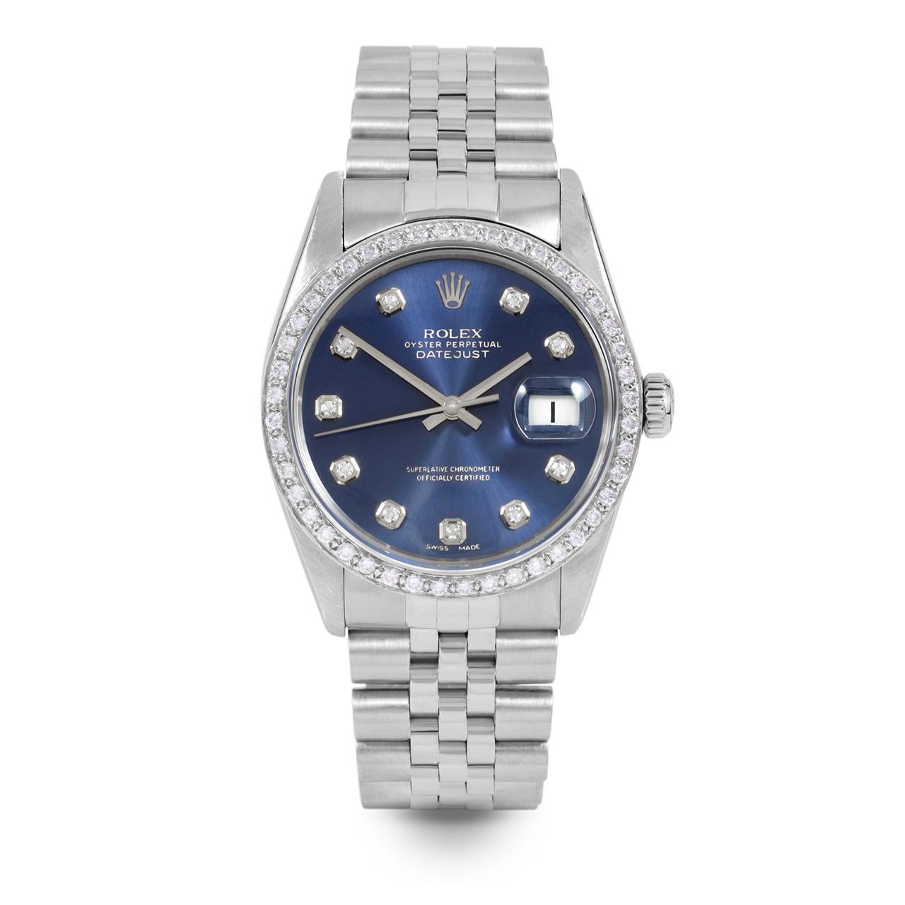 Perle Rolex Montre Datejust pour homme avec cadran bleu et lunette en diamants et montre Jubilee en vente