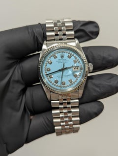 Rolex Mens Datejust Blue String Diamond Dial Fluted Bezel Jubilee Watch