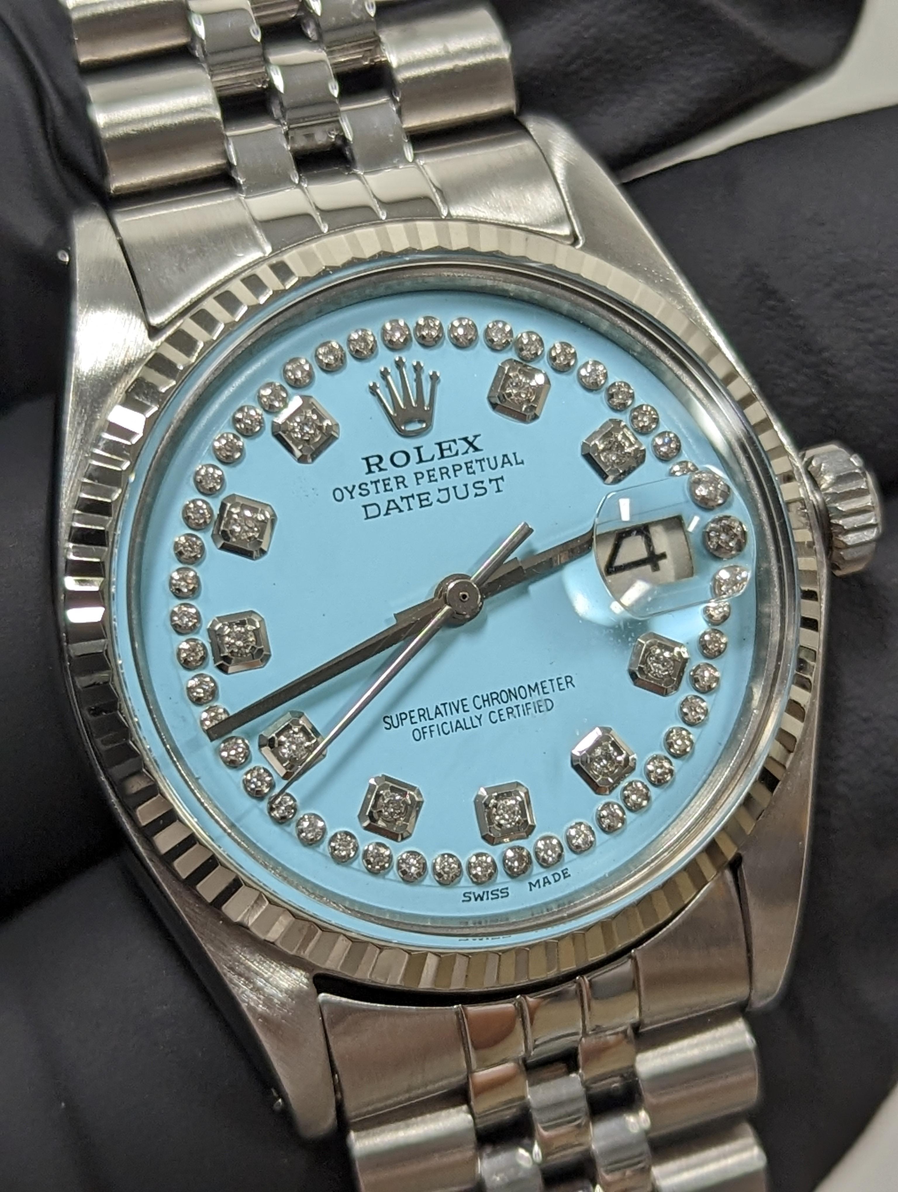 Perle Rolex Mens Datejust Blue String Diamond Dial Fluted Bezel Jubilee Watch en vente