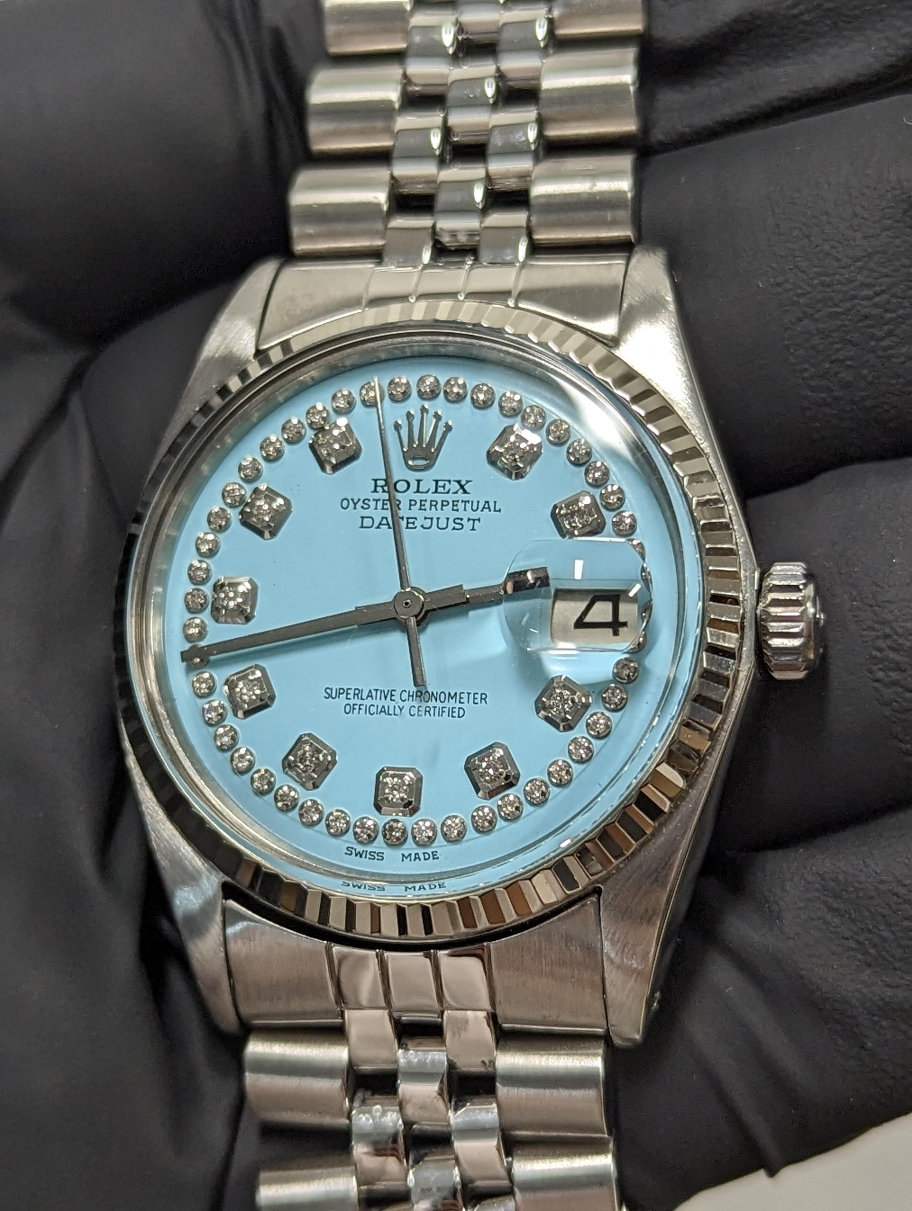 Rolex Mens Datejust Blue String Diamond Dial Fluted Bezel Jubilee Watch Bon état - En vente à San Pedro, CA