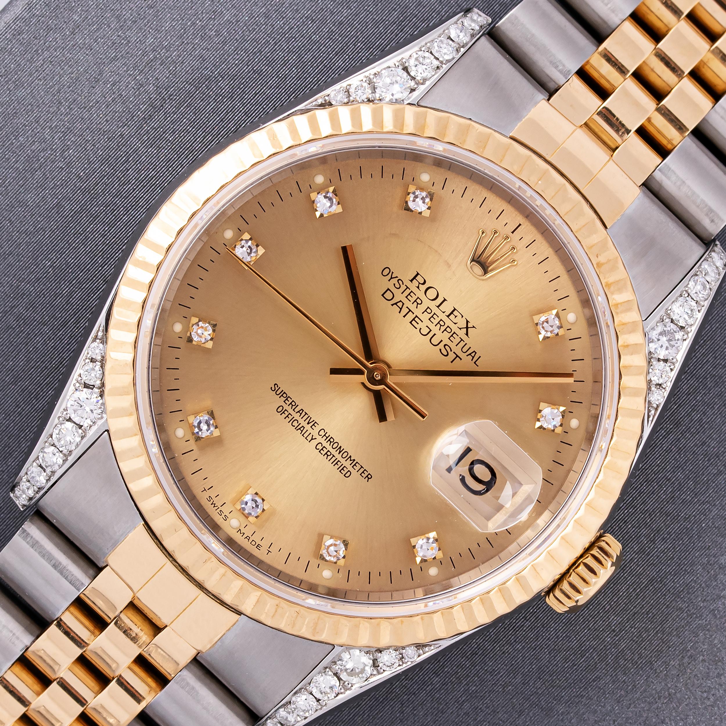 This Preowned Rolex Oyster Perpetual Datejust Has Recently Been Serviced, Polished and Will Be Time Tested Before Shipment. 

DIAL (FACE)

Rolex Champagne Dial with Factory Diamond Hour Markers.
Scratch Resistant Sapphire Crystal with Cyclops