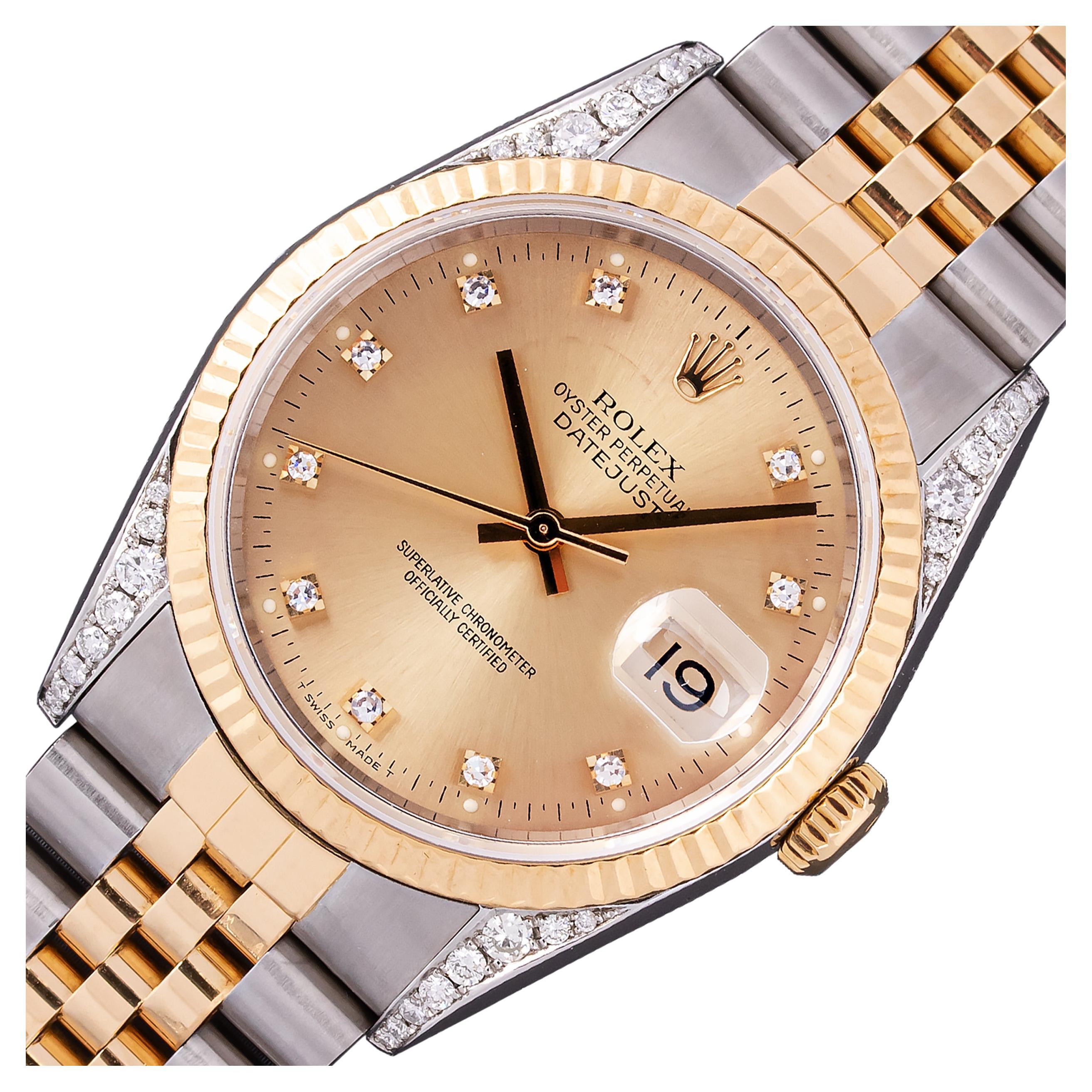 Montre pour hommes Datejust Factory Champagne en acier et or 18 carats avec diamants 1623