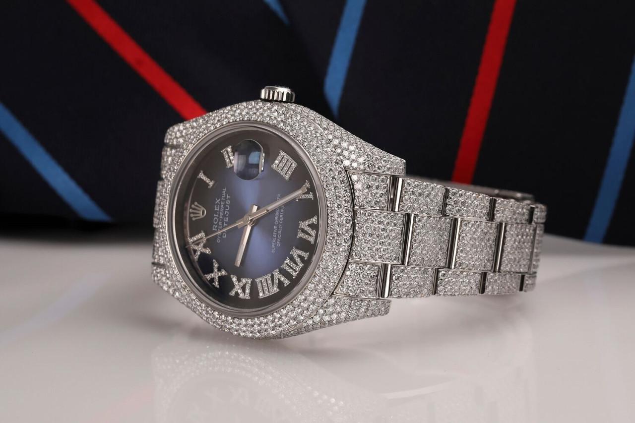 Rolex Mens Datejust II 116300 Blue Vignette Fully Iced Out Watch In New Condition For Sale In New York, NY