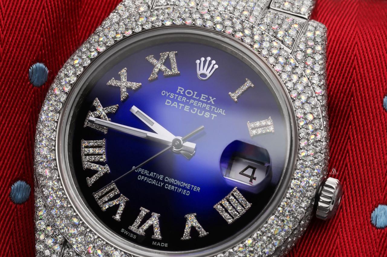Rolex Mens Datejust II 41mm acier inoxydable cadran diamant romain à vignette bleue montre entièrement glacée 116300 