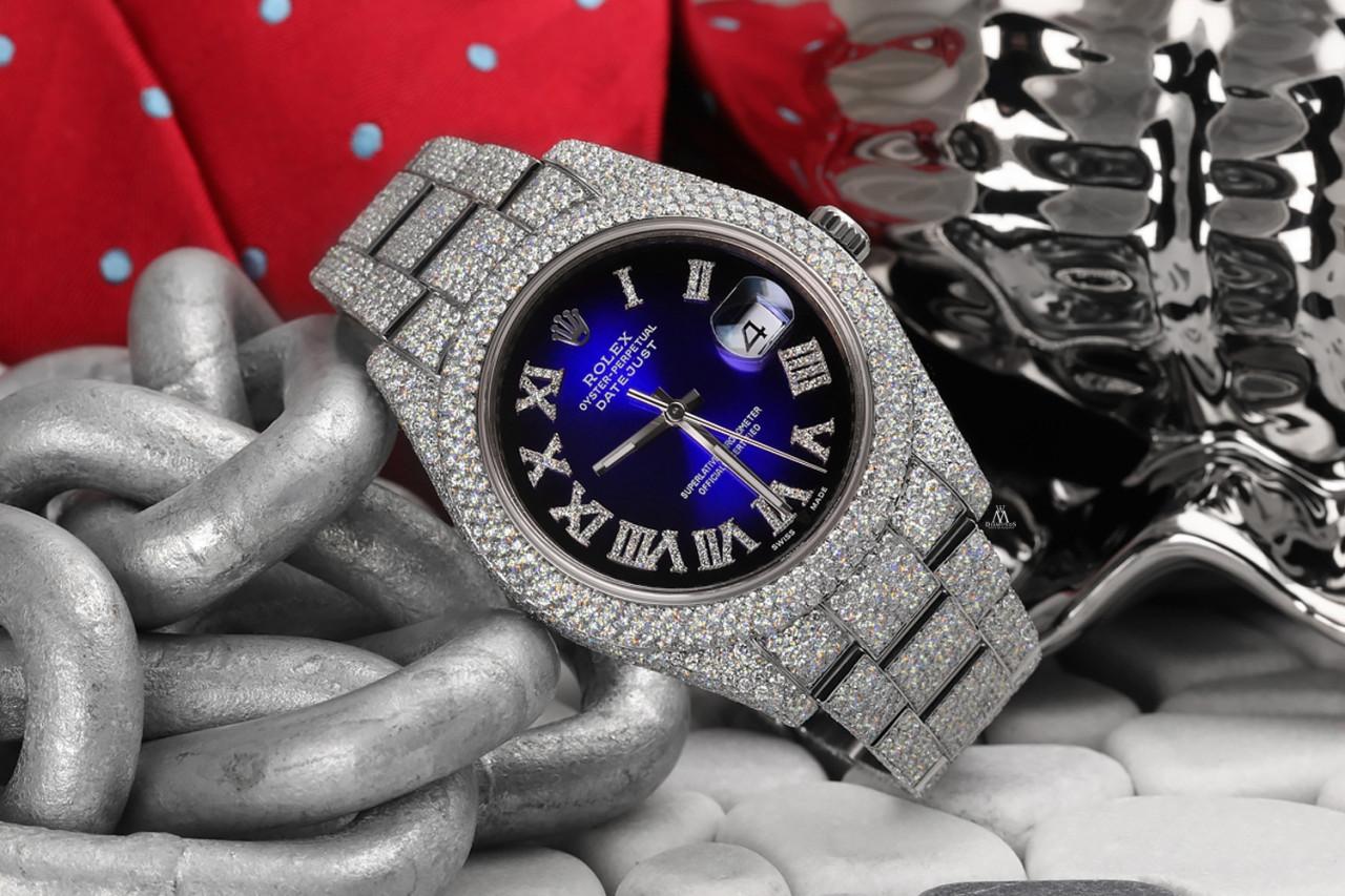 Round Cut Rolex Mens Datejust II 41mm 116300 Stainless Steel Blue Vignette Roman Diamond For Sale