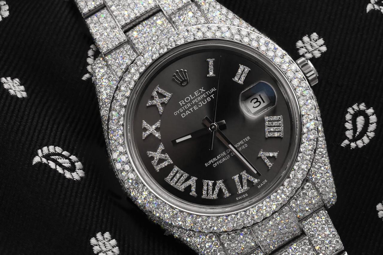 Rolex Mens Datejust II 41mm Stainless Steel Dark Grey Roman Diamond Dial Fully Iced Out Watch 116300 

All our watches come with a standard 1 year mechanical warranty and LIFETIME diamond replacement warranty. We are so confident in our diamonds