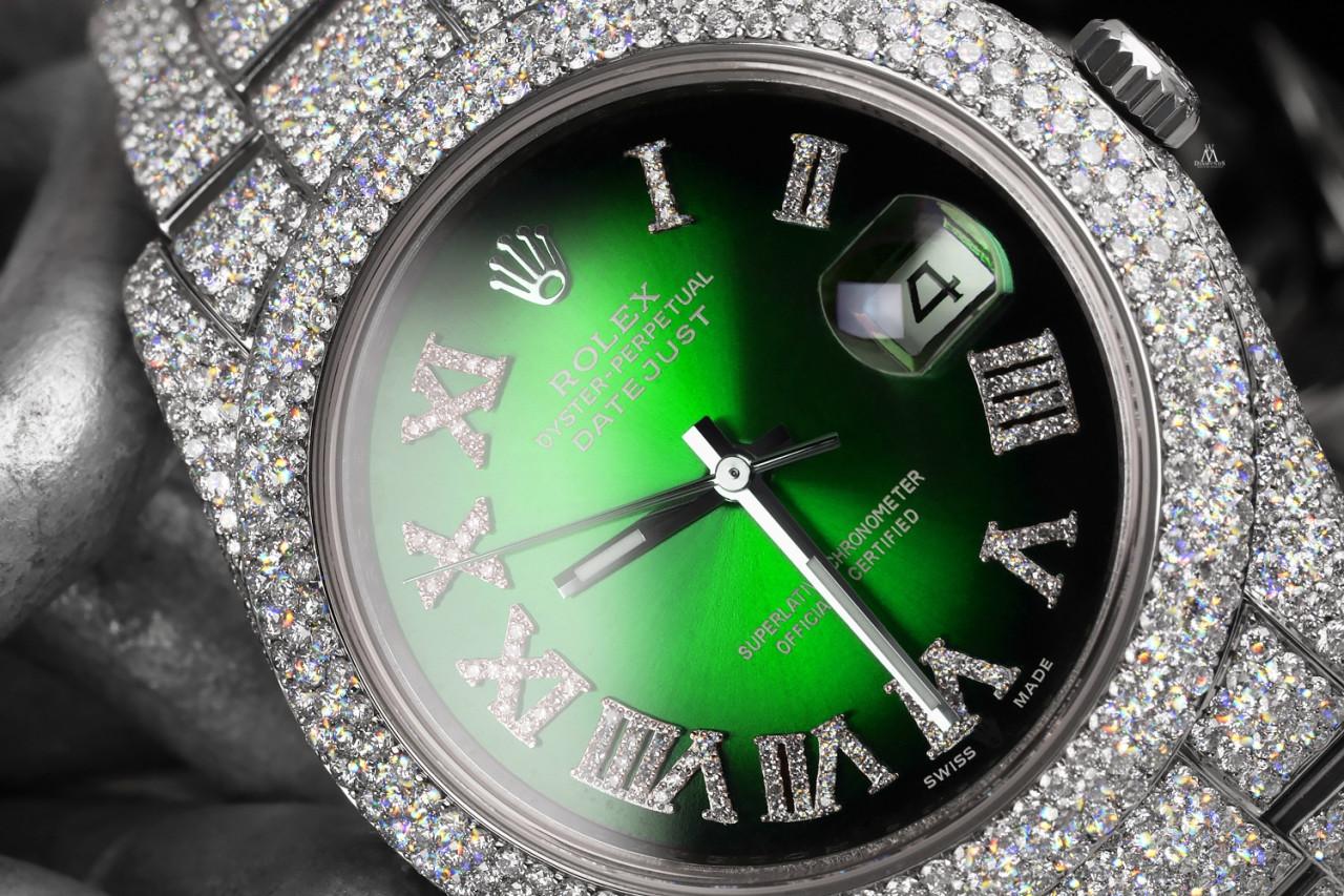 Taille ronde Rolex Montre Datejust II 116300 en acier inoxydable avec Vignette romaine verte et diamants en vente