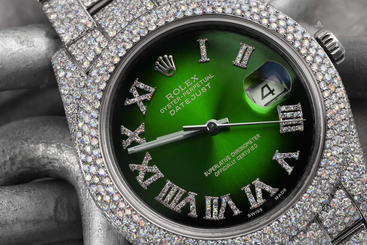 Round Cut Rolex Mens Datejust II 116300 Stainless Steel Green Vignette Roman Diamond For Sale
