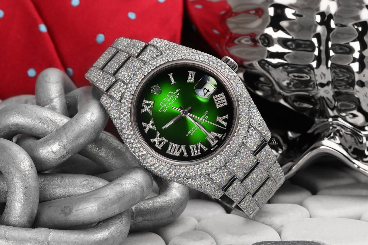 Rolex Montre Datejust II 116300 en acier inoxydable avec Vignette romaine verte et diamants en vente 2