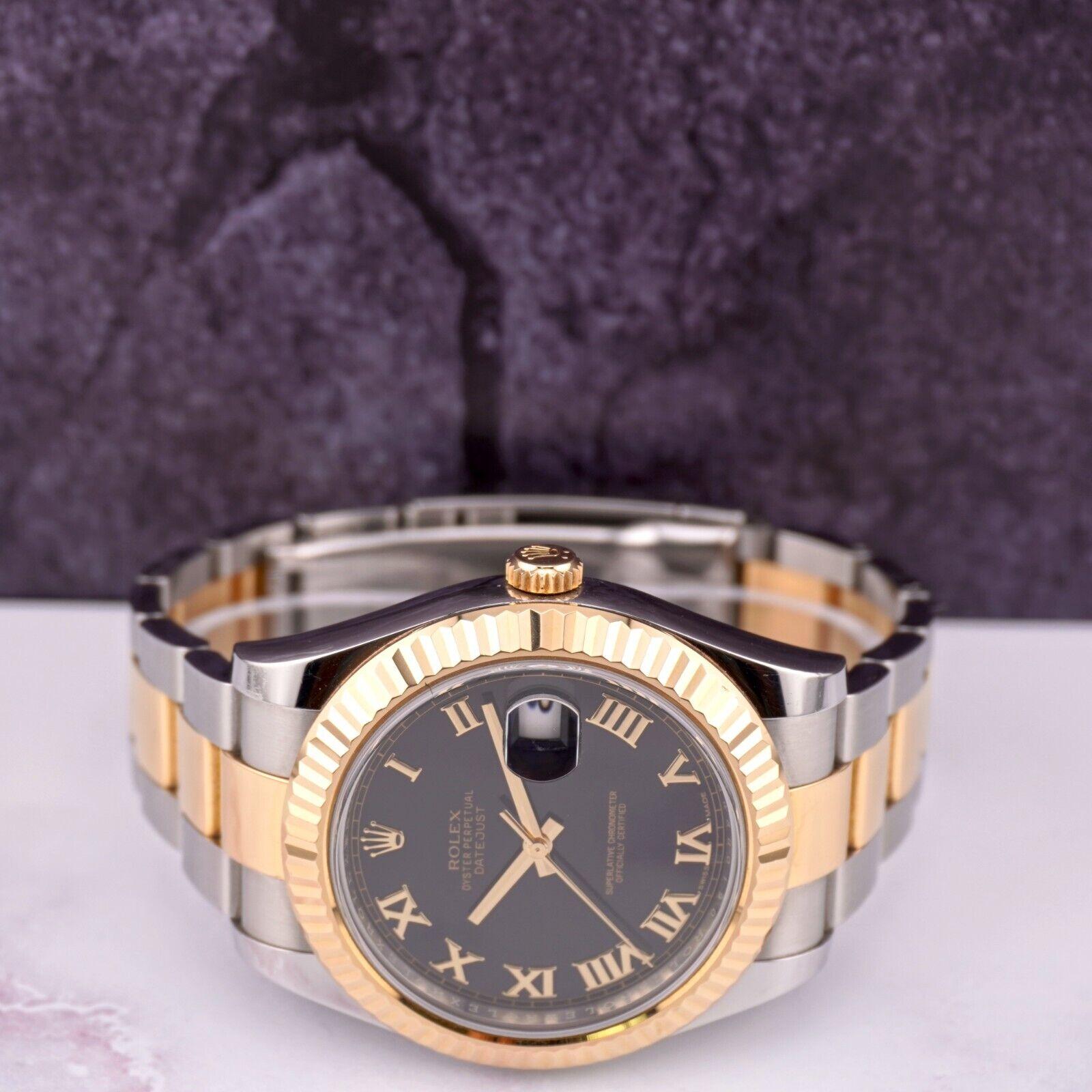 Rolex Men's Datejust II 41mm 18k Gold&Steel Oyster Black Roman Dial Watch 116333 For Sale 6
