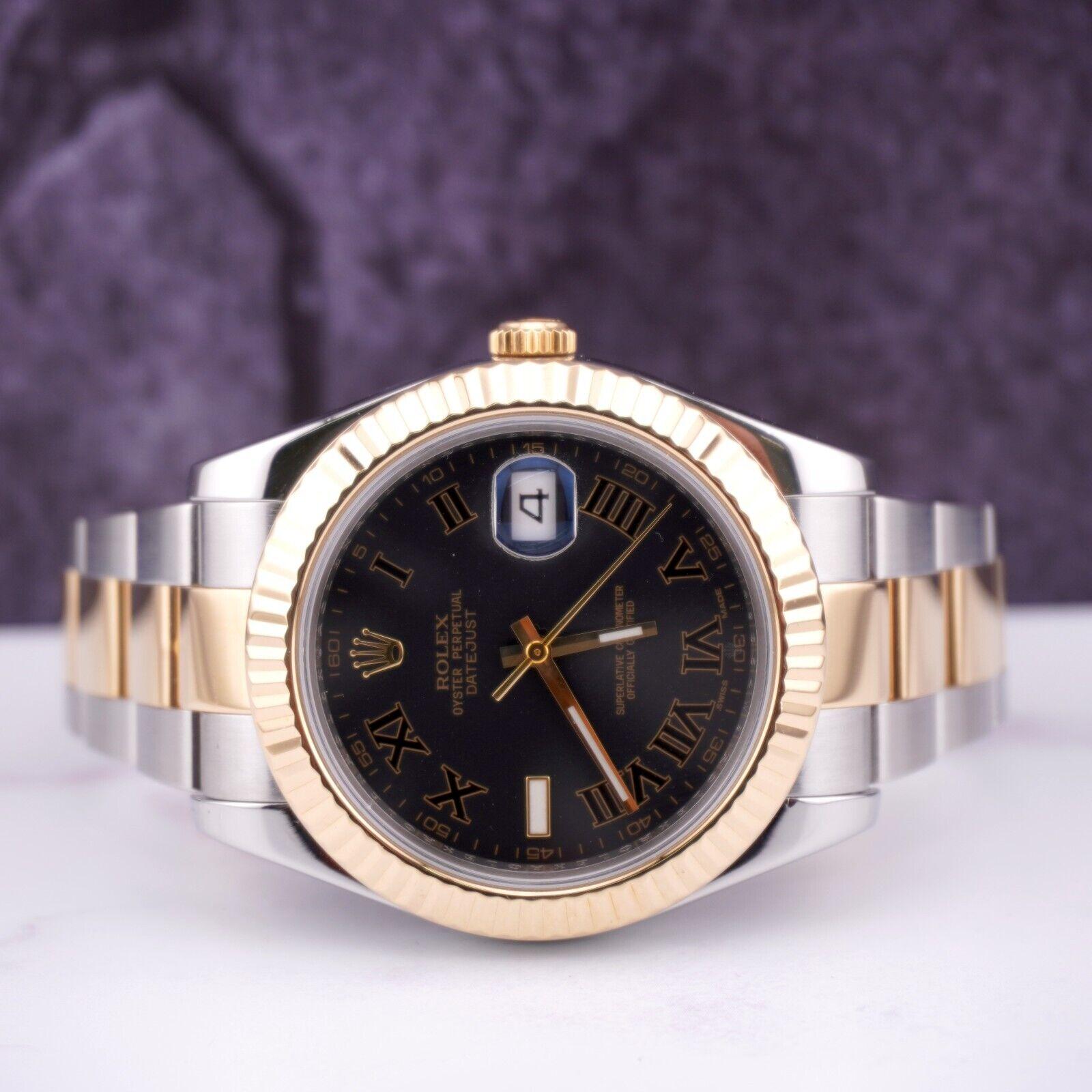 Rolex Datejust II 41mm Watch

Pre-owned w/ Gift Box
100% Authentic Authenticity Card
Condition - (Great Condition) - See Pics
Watch Reference - 116333
Model - Datejust ll
Dial Color - Black
Material - 18k Yellow Gold/Stainless Steel
Watch Will Fit